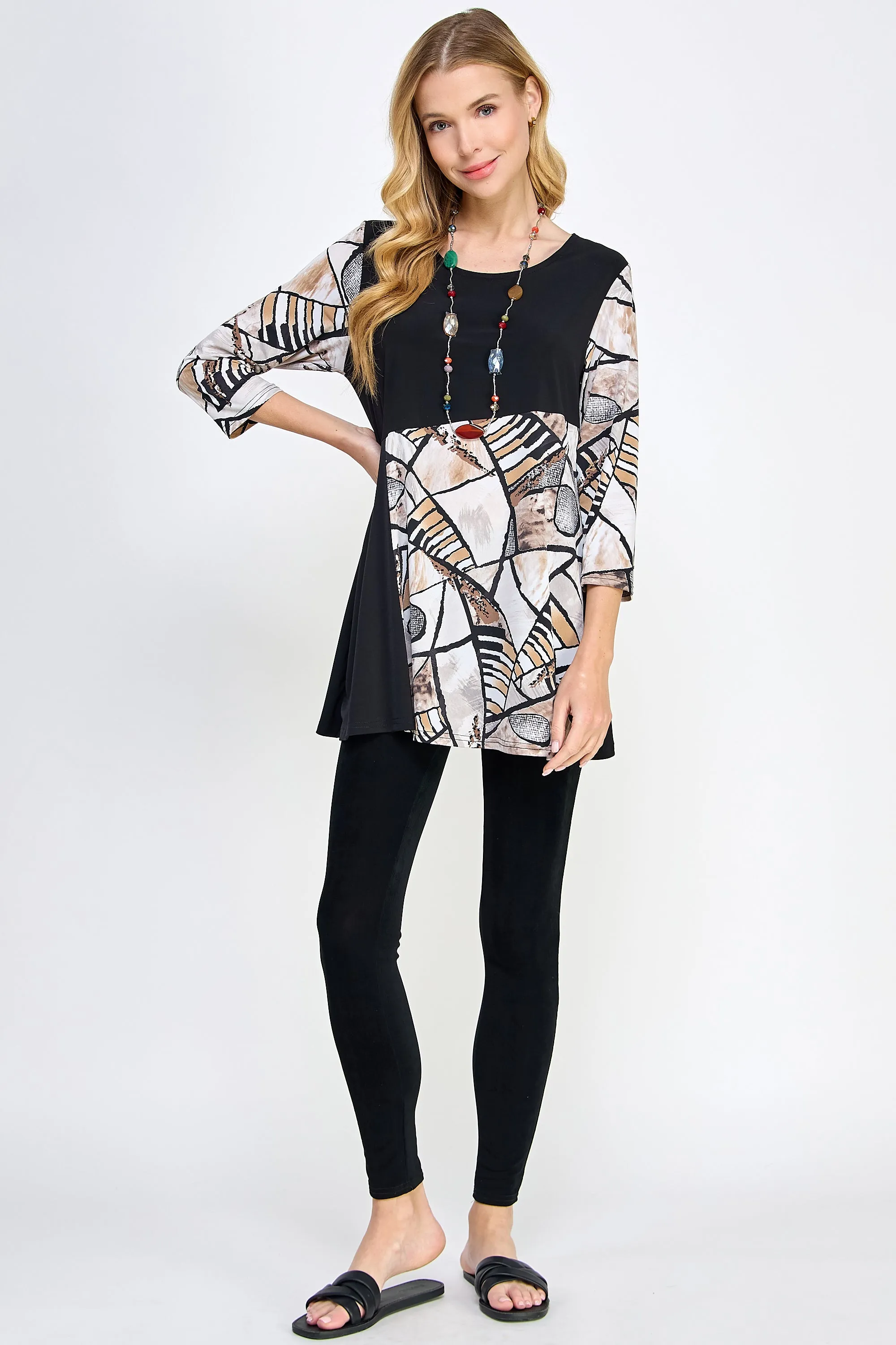 Contrast Quarter Sleeve Print Tunic-3091HT-QRP1-C-W393