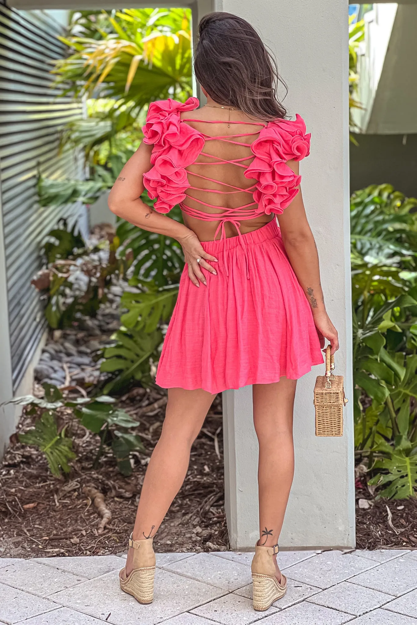 Coral Ruffled Short Dress With Criss Cross Back