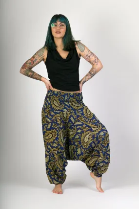 Dark Blue Floral Print Cotton Harem Yoga Jumpsuit Pants