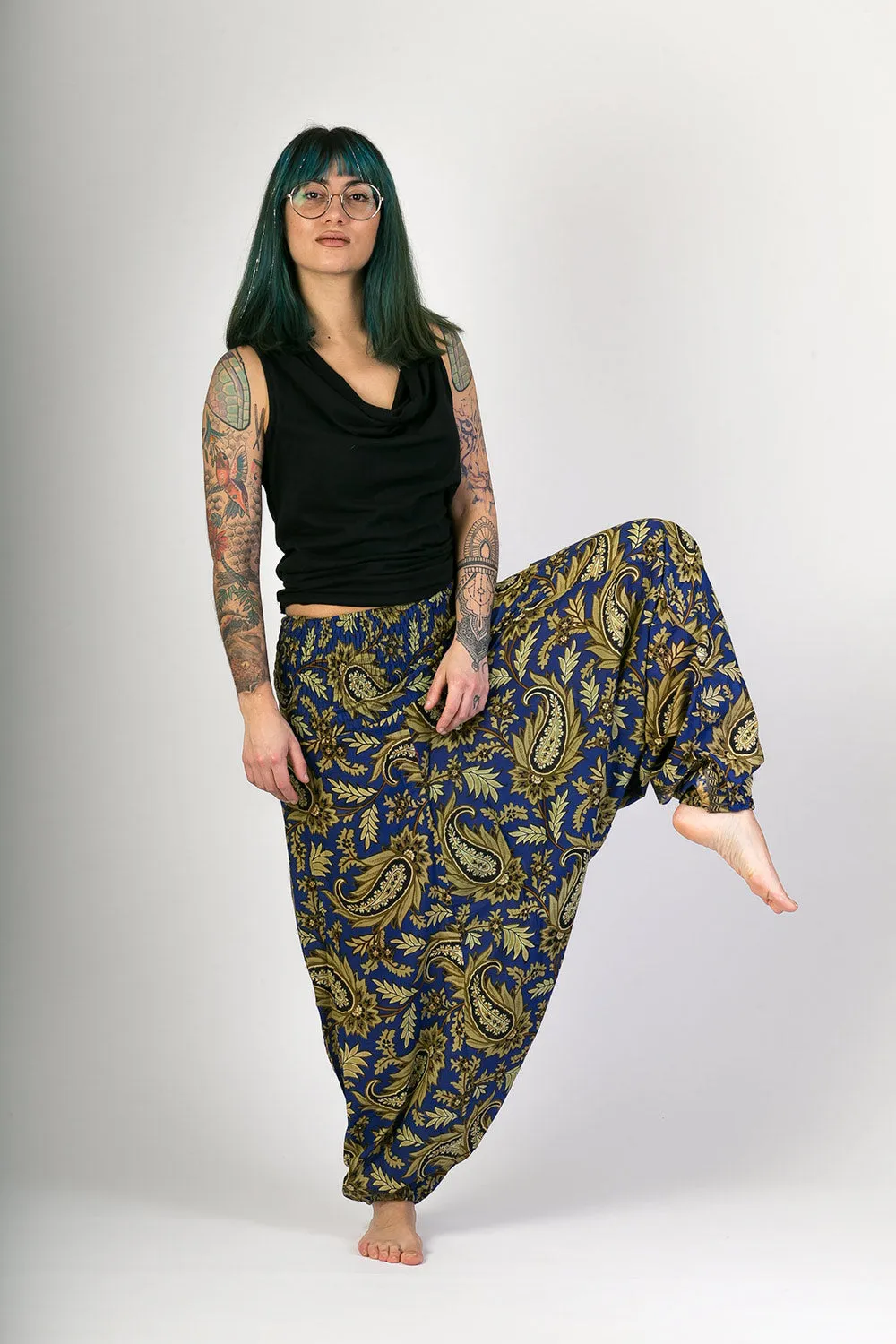 Dark Blue Floral Print Cotton Harem Yoga Jumpsuit Pants