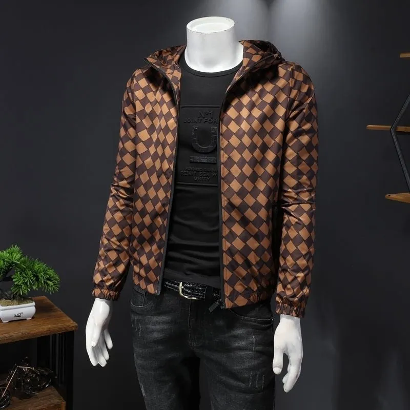 Diamond Checkered Patterned Hooded Jacket