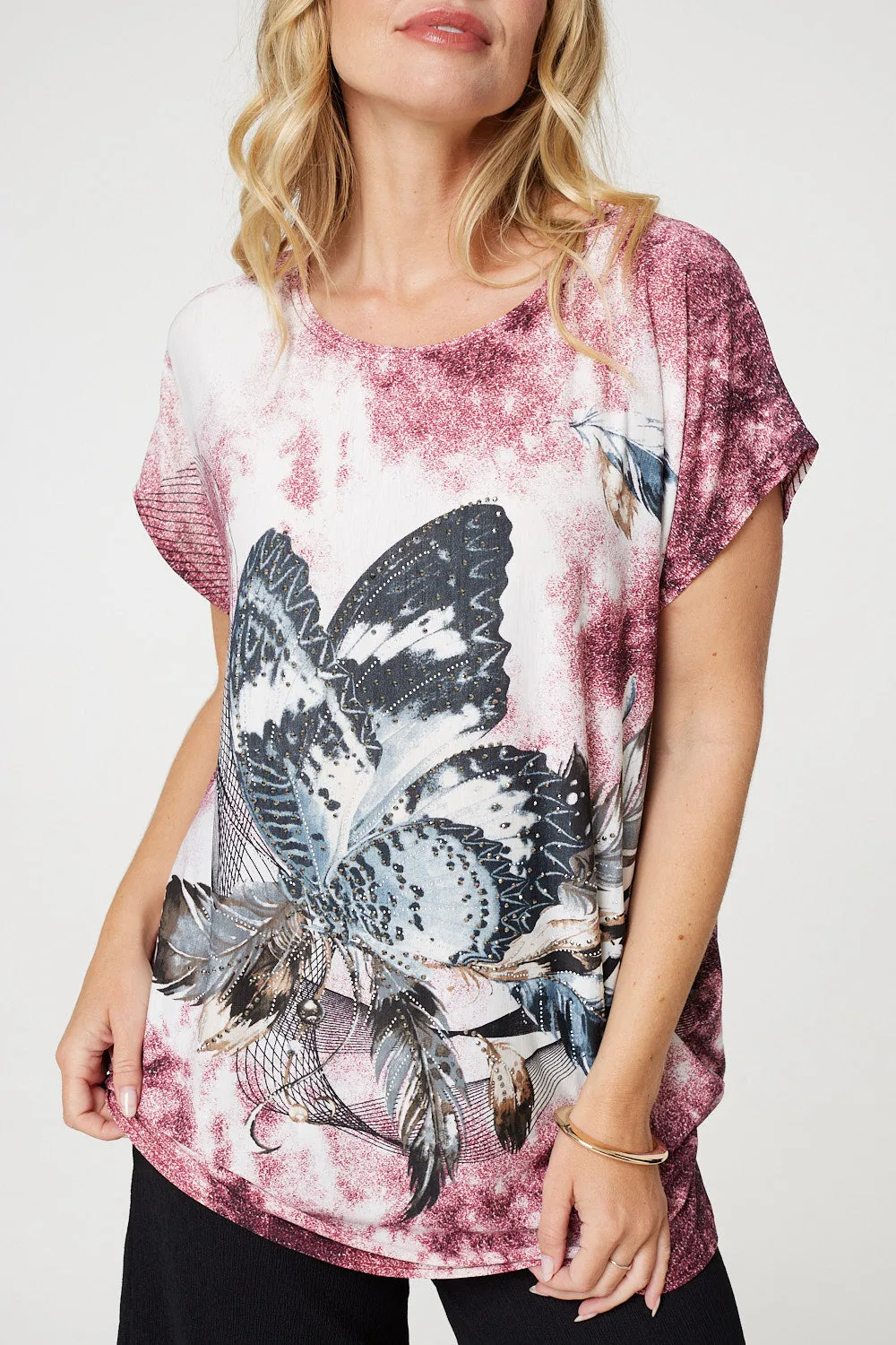 Embellished Butterfly Print Tunic Top