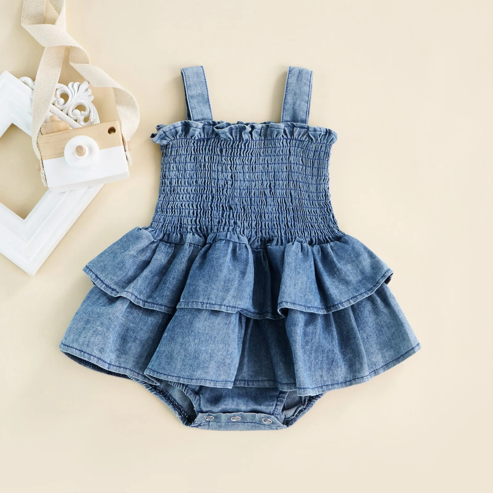 EMILY Layered Ruffles Denim Romper