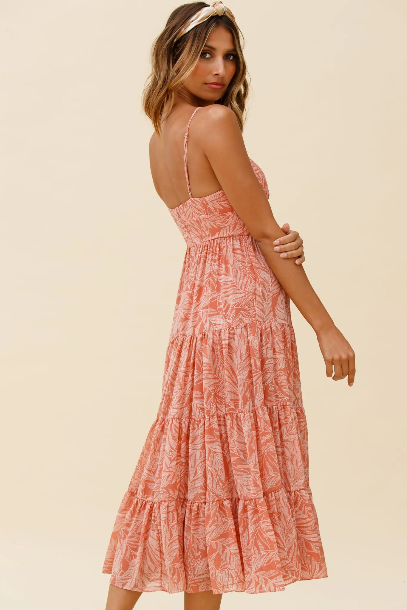 Eternal Sunshine Gathered Bust Maxi Dress Leaf Print Pink