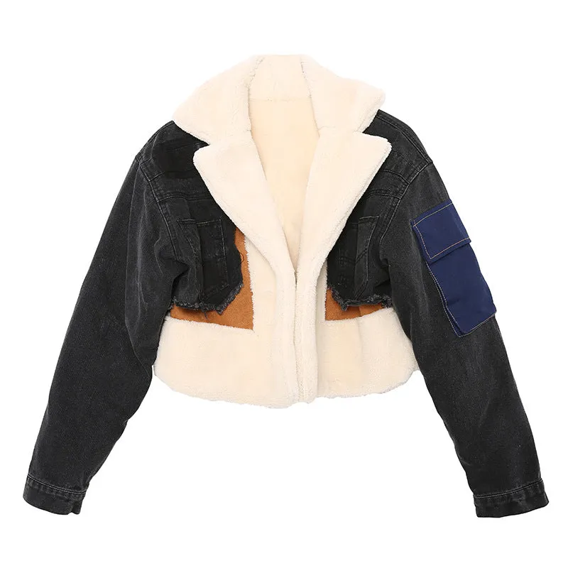 Fashion plus velvet denim stitching jacket（AY1425)