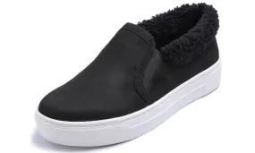 Feversole Women's Casual Slip On Sneaker Comfort Cozy Winter Warm Loafer Low Top Boot Faux Black Suede Sheerling