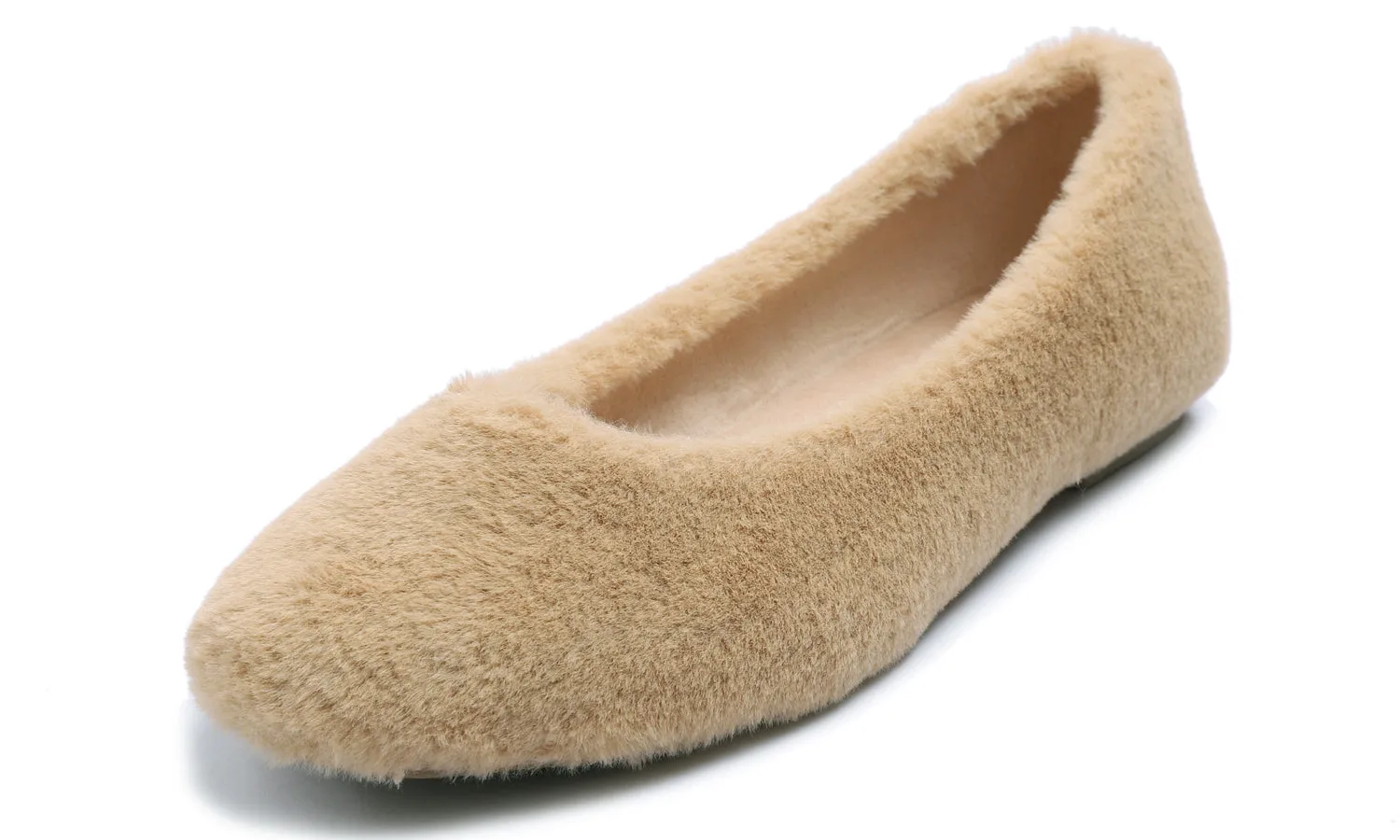 Feversole Women's Fashion Round Toe Puffy Warm Comfort Home Indoor Winter Soft Ballet Slippers Beige Plush