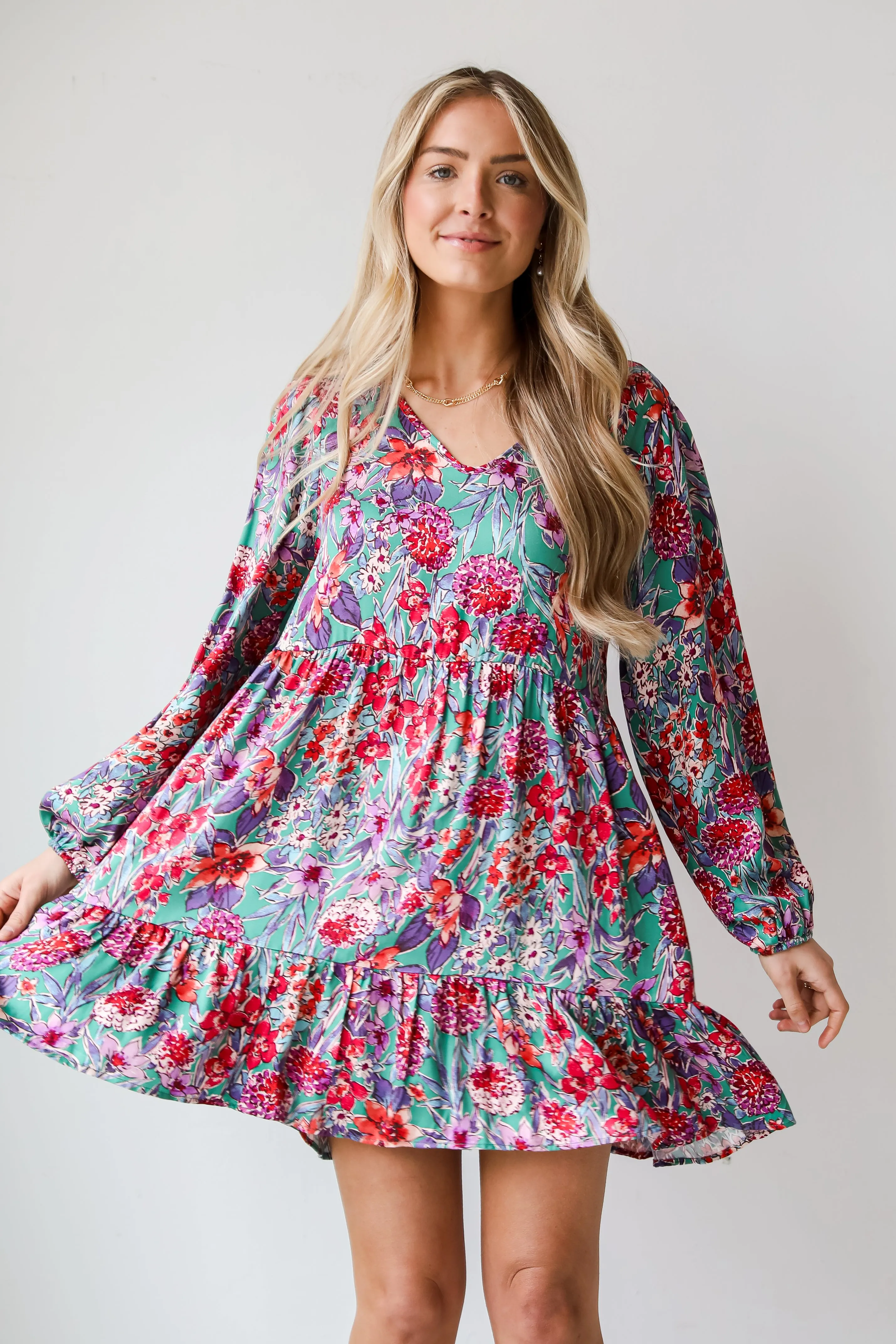 FINAL SALE - Adored Entrance Green Floral Babydoll Mini Dress