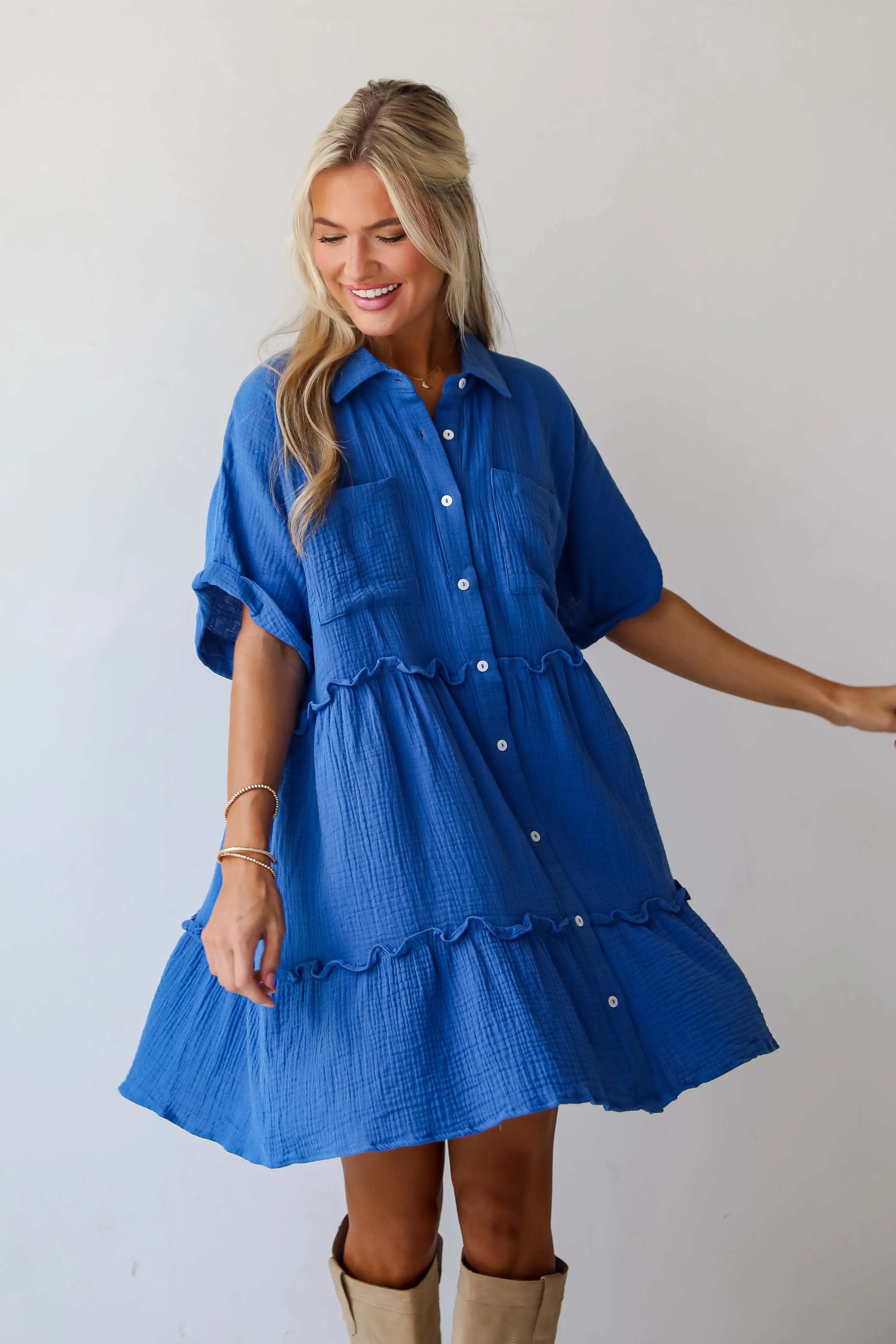 FINAL SALE - Charming Dynamic Royal Blue Linen Tiered Mini Dress