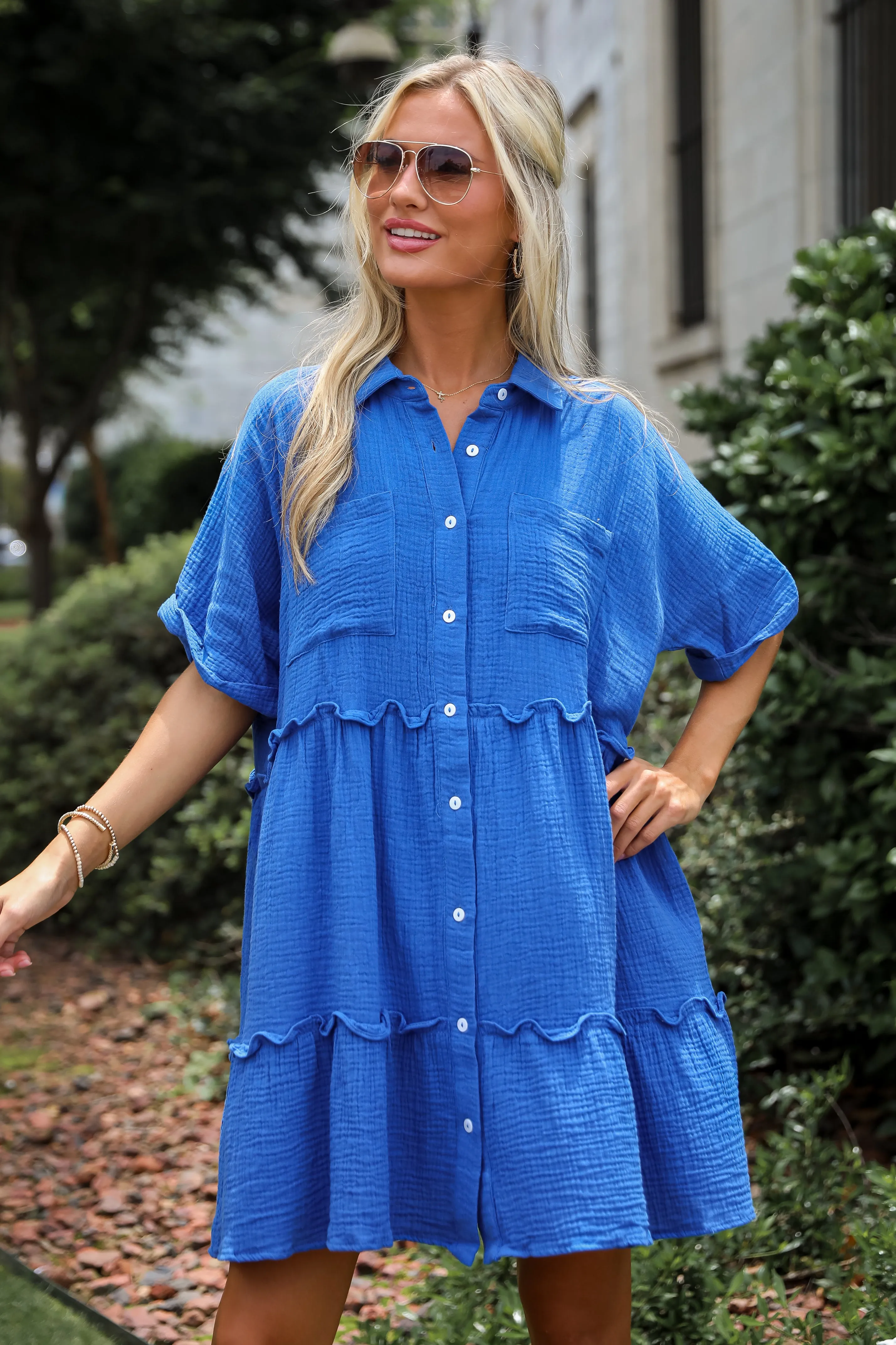 FINAL SALE - Charming Dynamic Royal Blue Linen Tiered Mini Dress