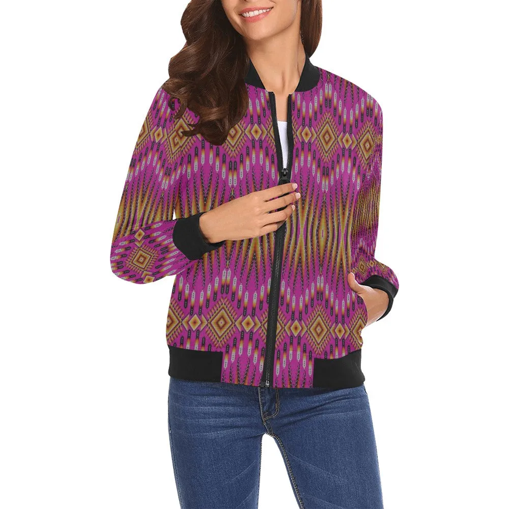 Fire Feather Pink All Over Print Bomber Jacket for Women