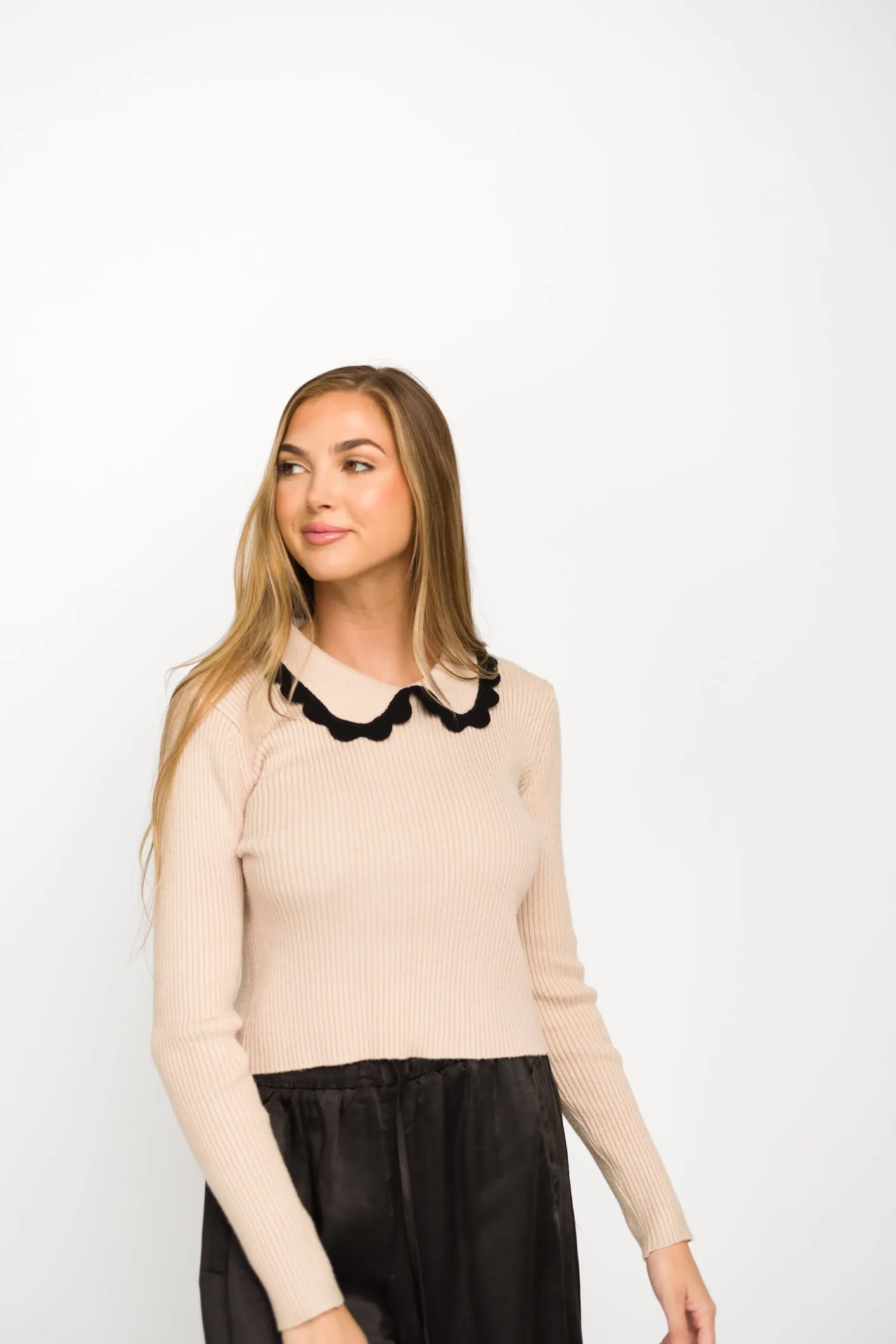 Frankie Scalloped Collar Sweater in Light Taupe