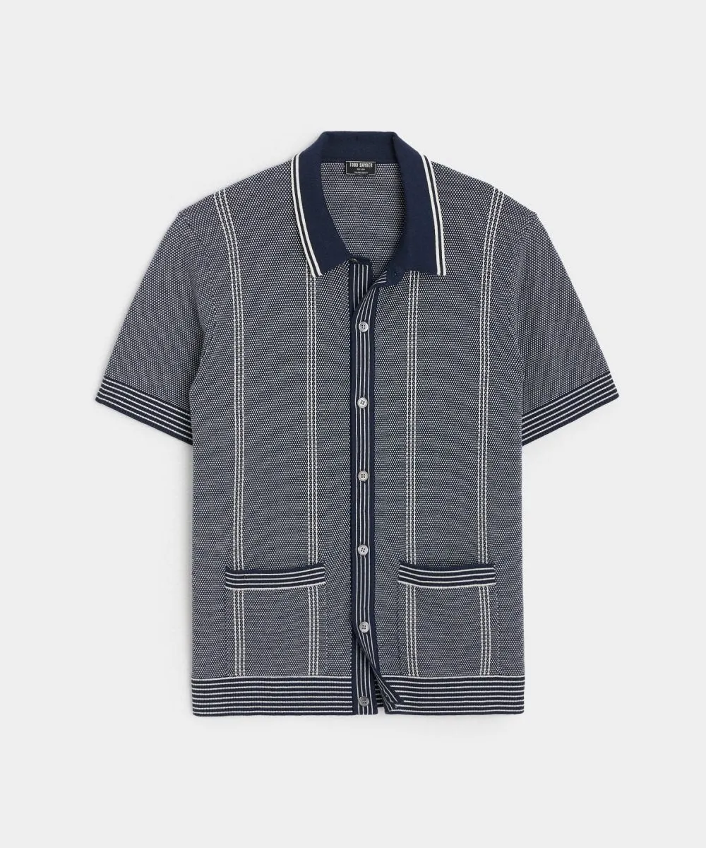 Full-Placket Birdseye Stripe Polo in Navy