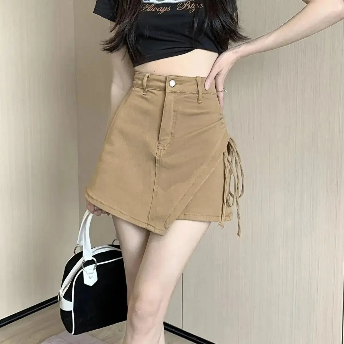 Girlary Retro Women Shorts American Hot Girl Side Drawstring Loose High Waist Hip Culottes Casual Harajuku Shorts for Women Streetwear