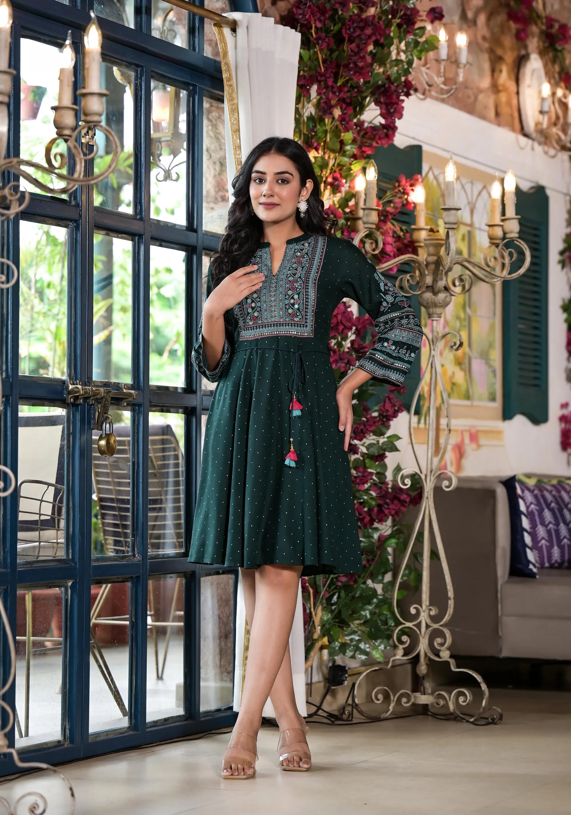 Green Ethnic Motif Printed Liva Rayon Dress With Dori & Sequin