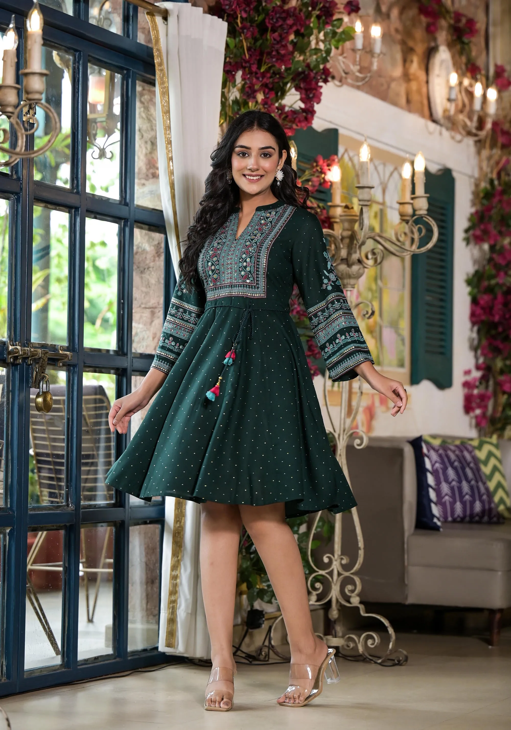 Green Ethnic Motif Printed Liva Rayon Dress With Dori & Sequin