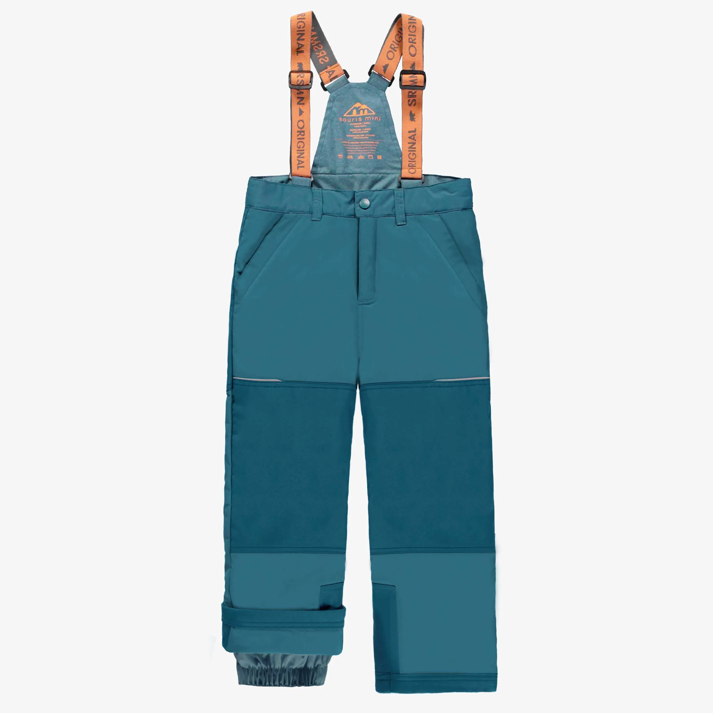 Habit de neige deux pièces bleu sarcelle et orange, enfant || Two-piece snowsuit with teal blue and orange color block, child