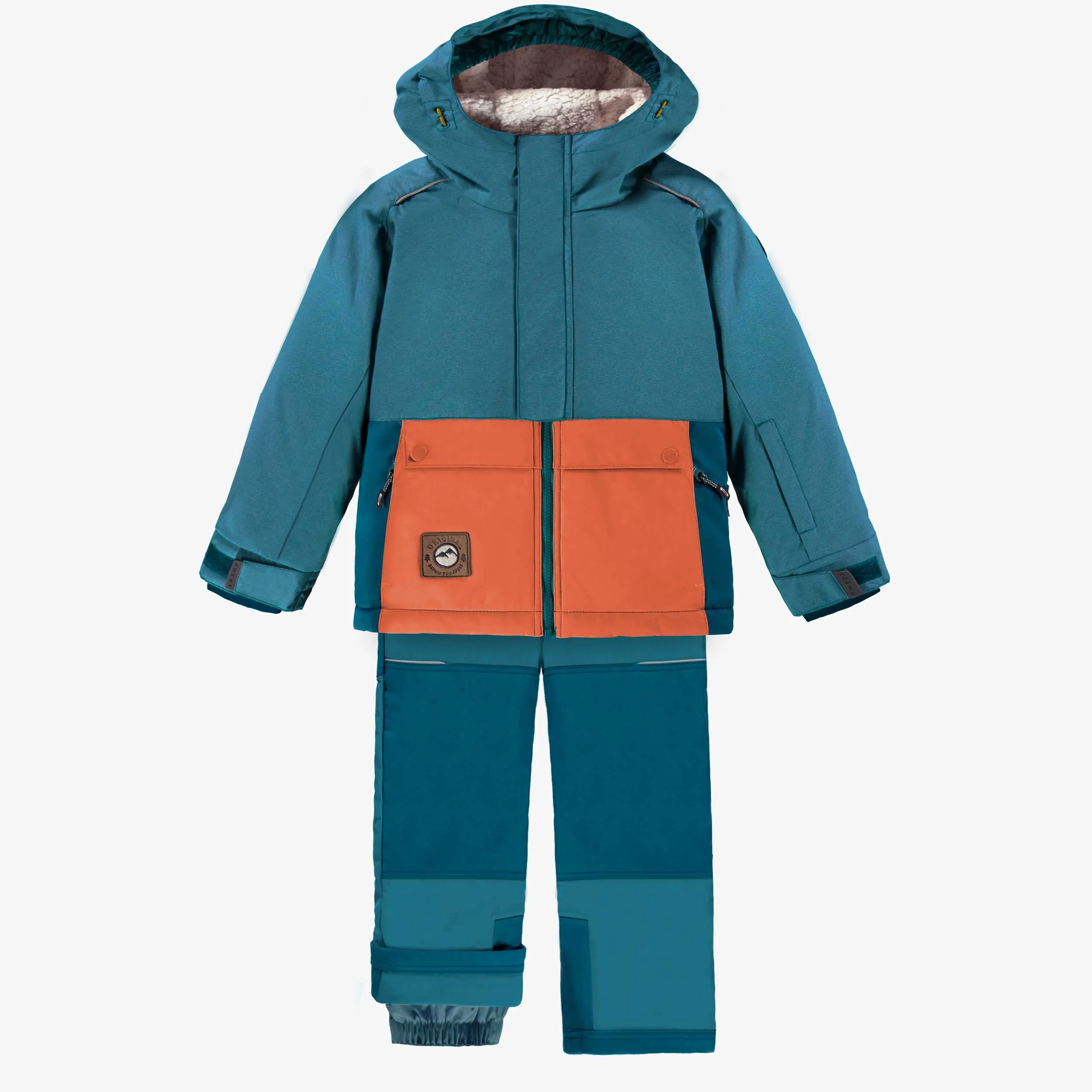 Habit de neige deux pièces bleu sarcelle et orange, enfant || Two-piece snowsuit with teal blue and orange color block, child