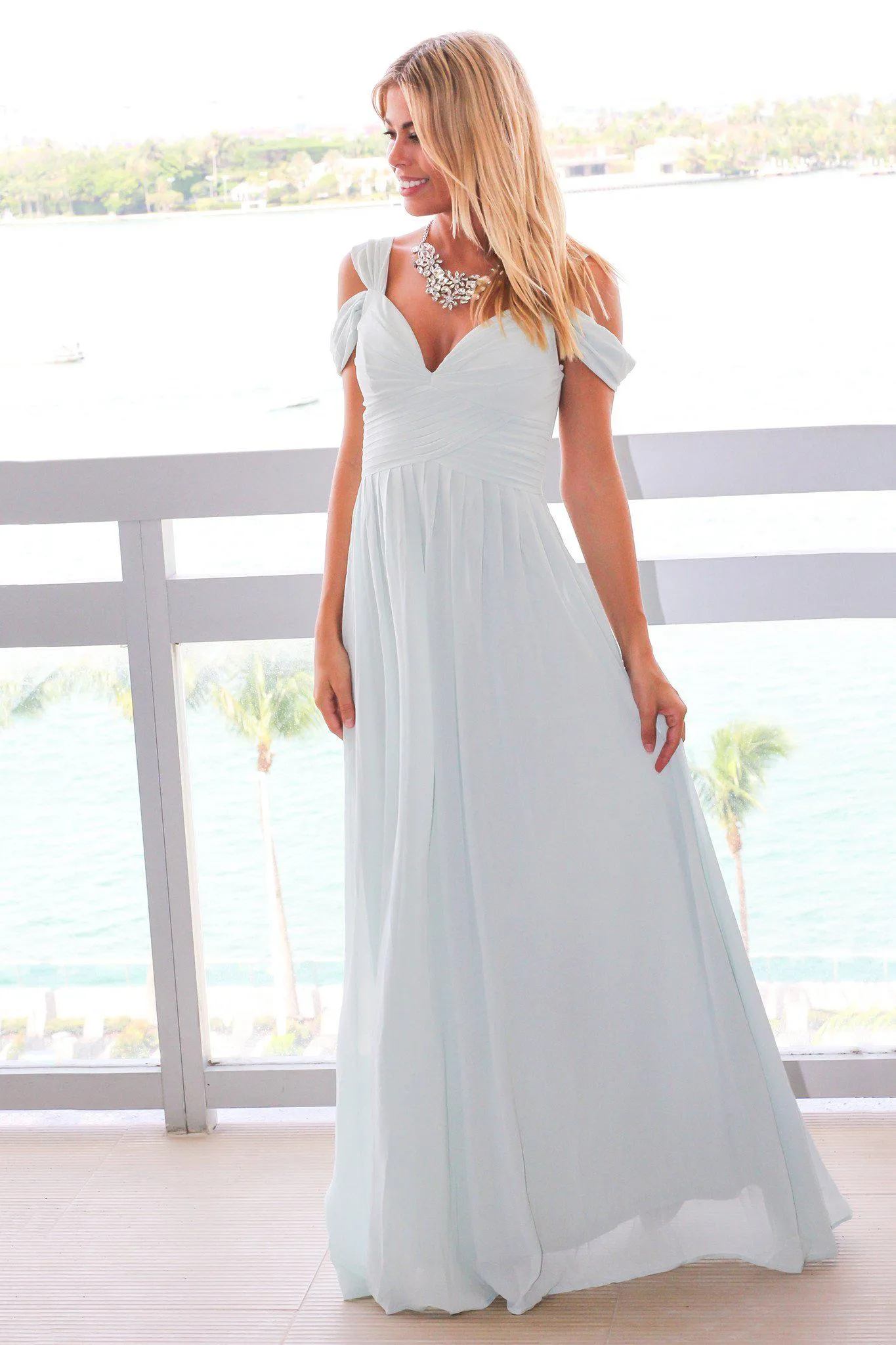 Hazy Sage Off Shoulder Maxi Dress