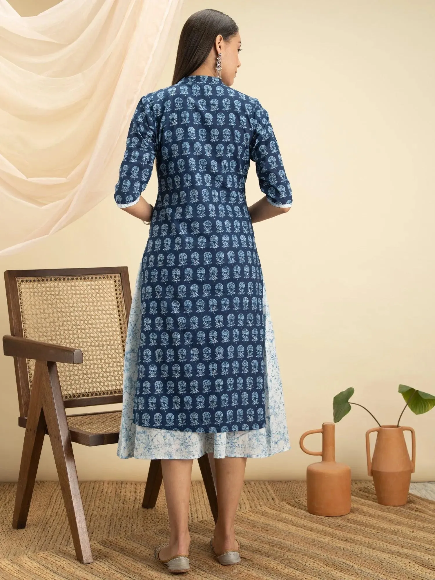 Indigo Printed Cotton Dress With Jacket