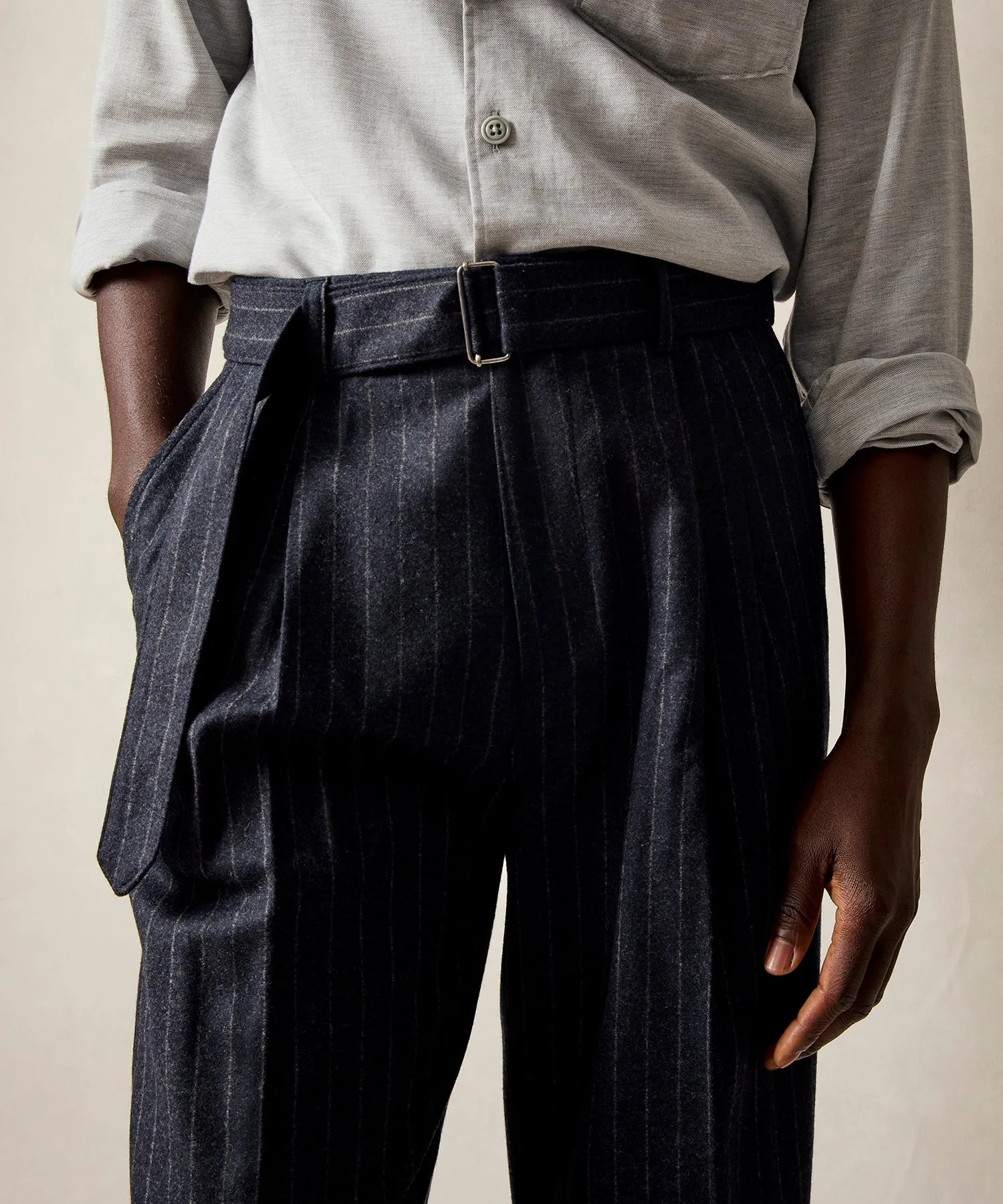 Italian Wool Self Belt Trouser in Navy Pinstripe