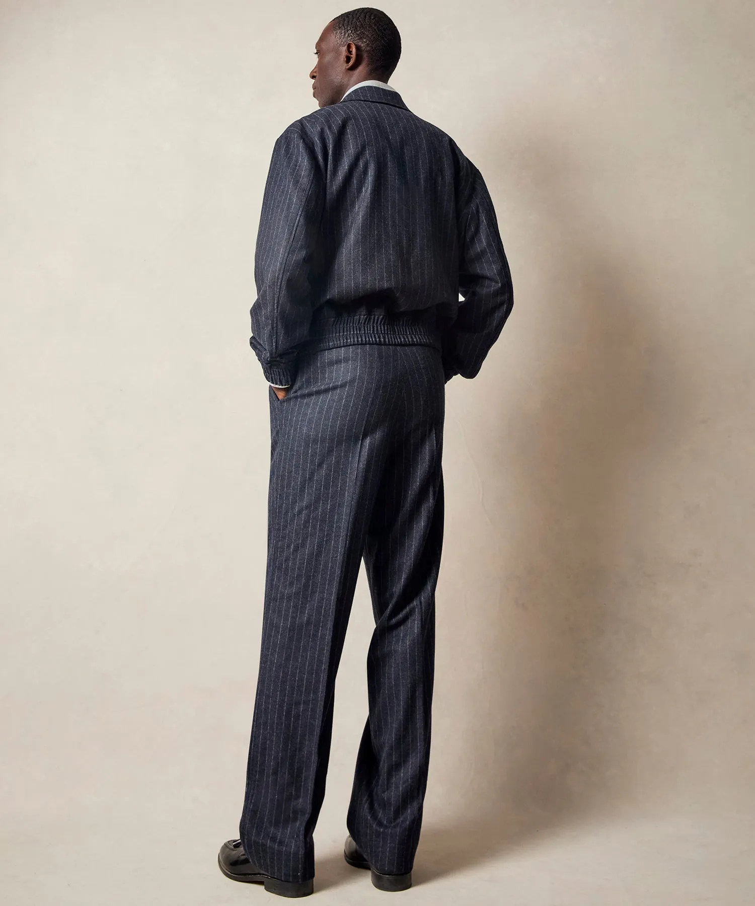 Italian Wool Self Belt Trouser in Navy Pinstripe