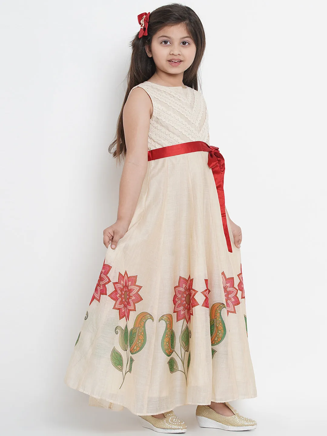 Jashvi Beige & Red Floral Maxi Dress