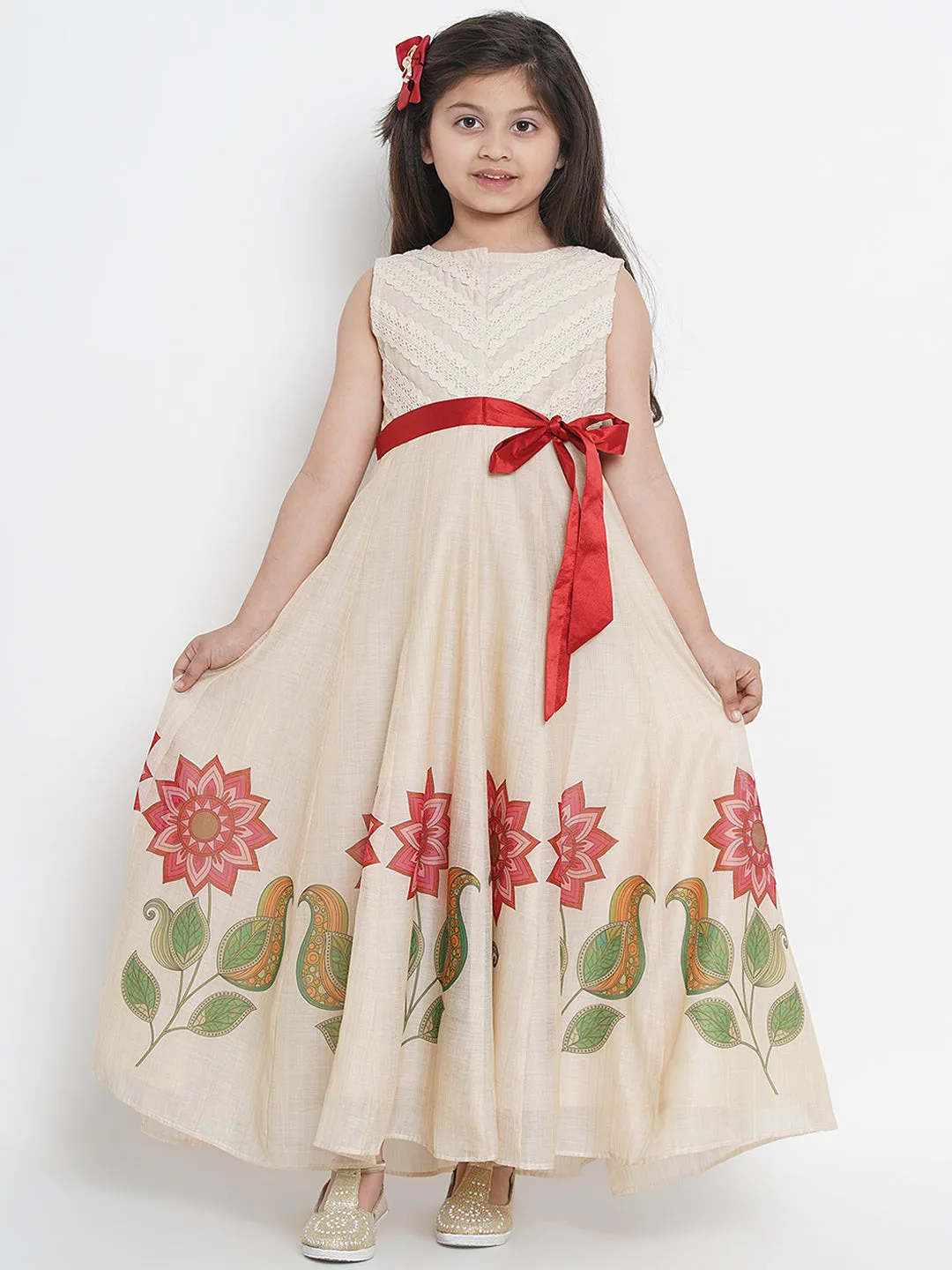 Jashvi Beige & Red Floral Maxi Dress