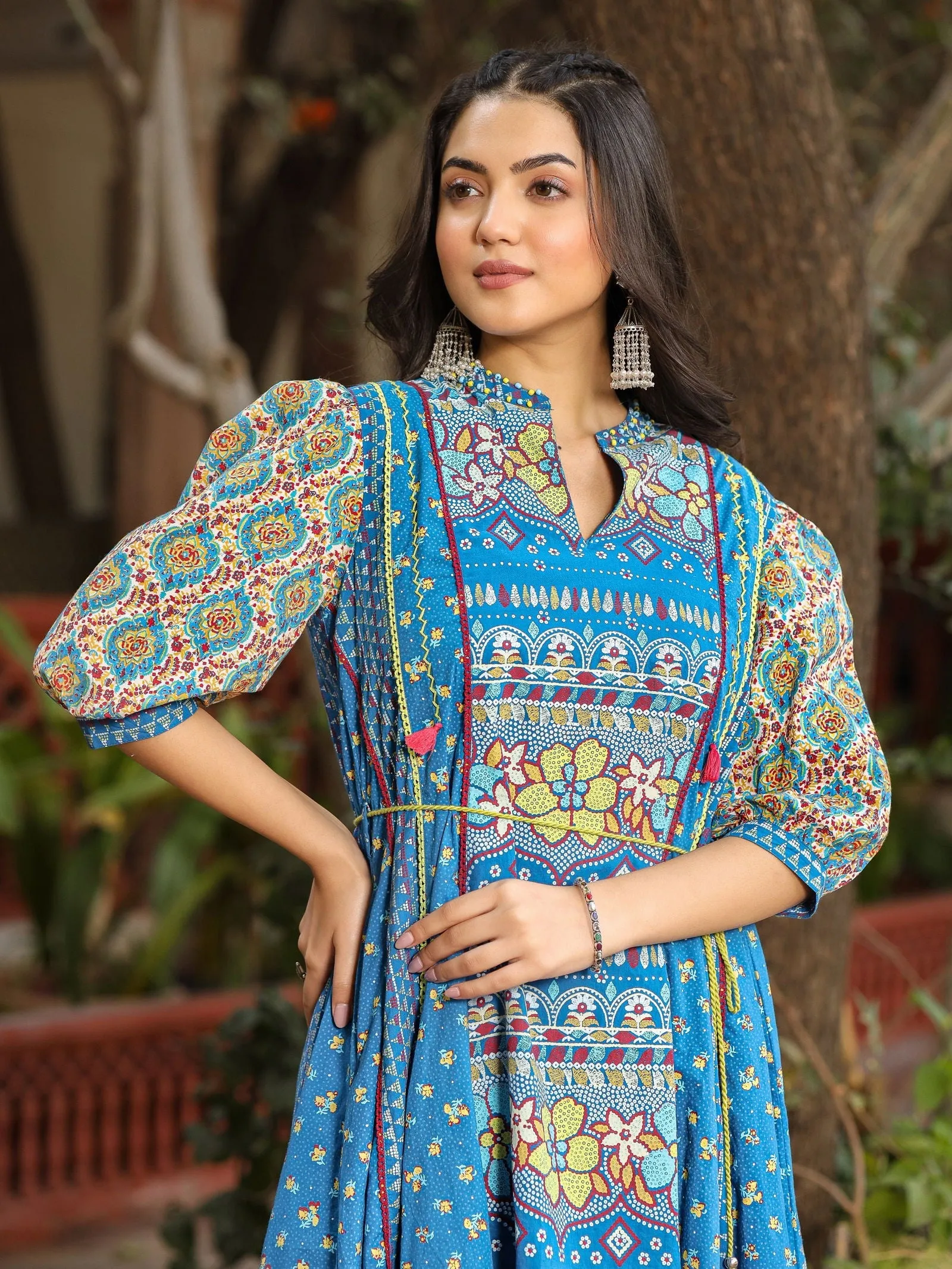 Jashvi Blue Floral Printed Pure Cotton Dress & Doris With Beads Work