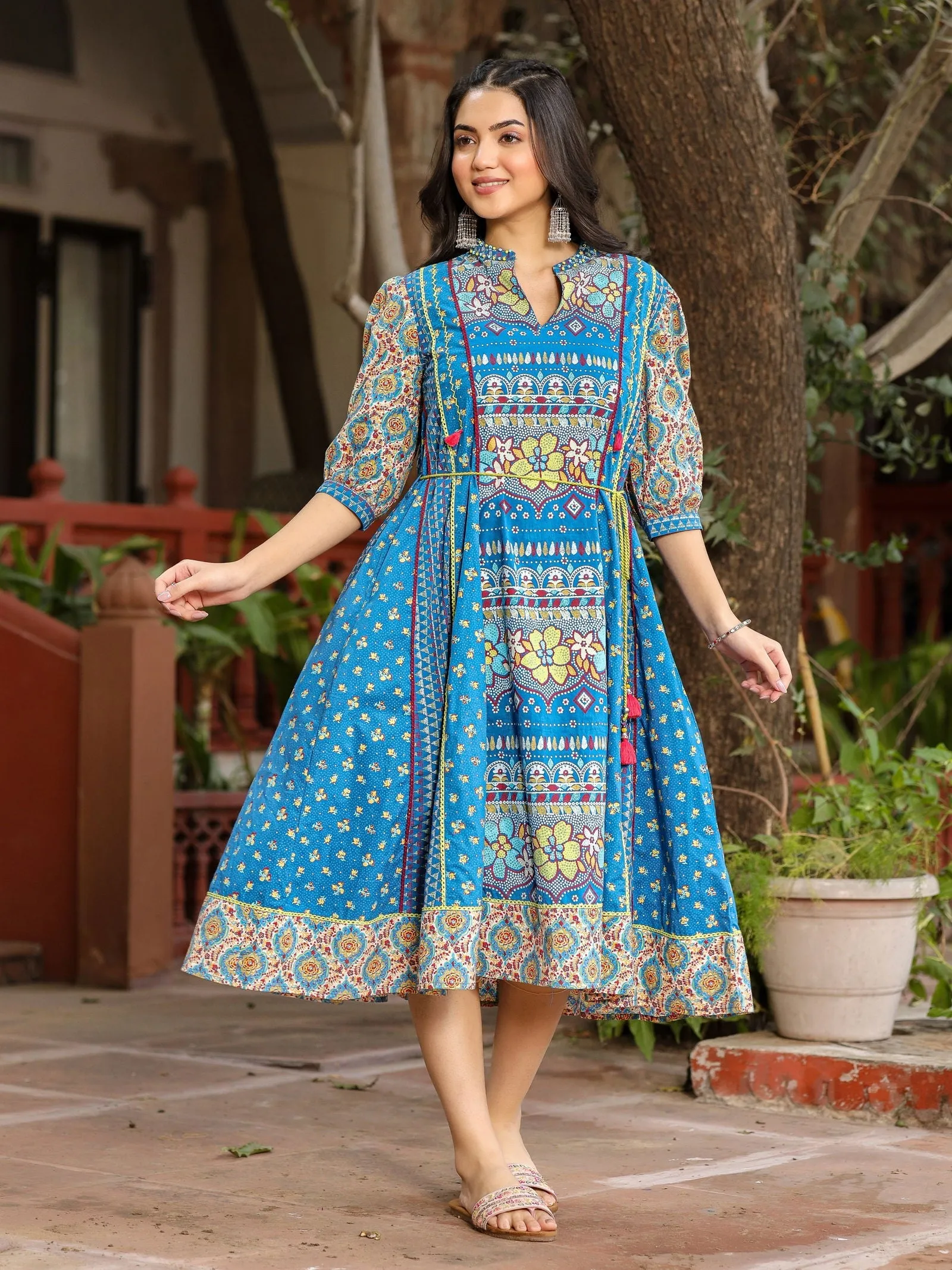 Jashvi Blue Floral Printed Pure Cotton Dress & Doris With Beads Work