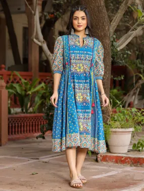 Jashvi Blue Floral Printed Pure Cotton Dress & Doris With Beads Work