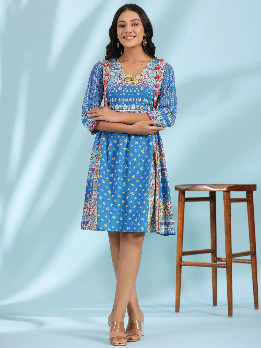 Jashvi Blue Floral Printed Pure Cotton Dress With Beads & sequins Work