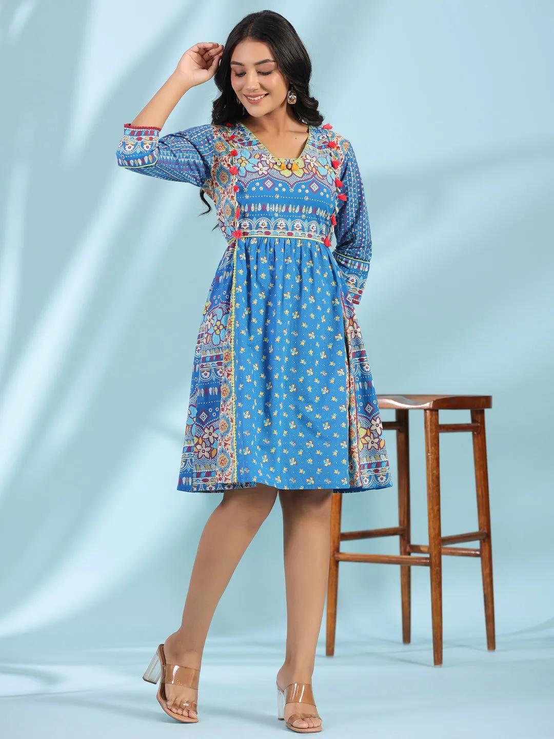 Jashvi Blue Floral Printed Pure Cotton Dress With Beads & sequins Work