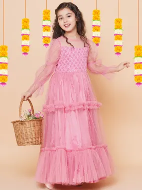 Jashvi Girls Pink Embroidered Net Fit & Flared Gown Dress