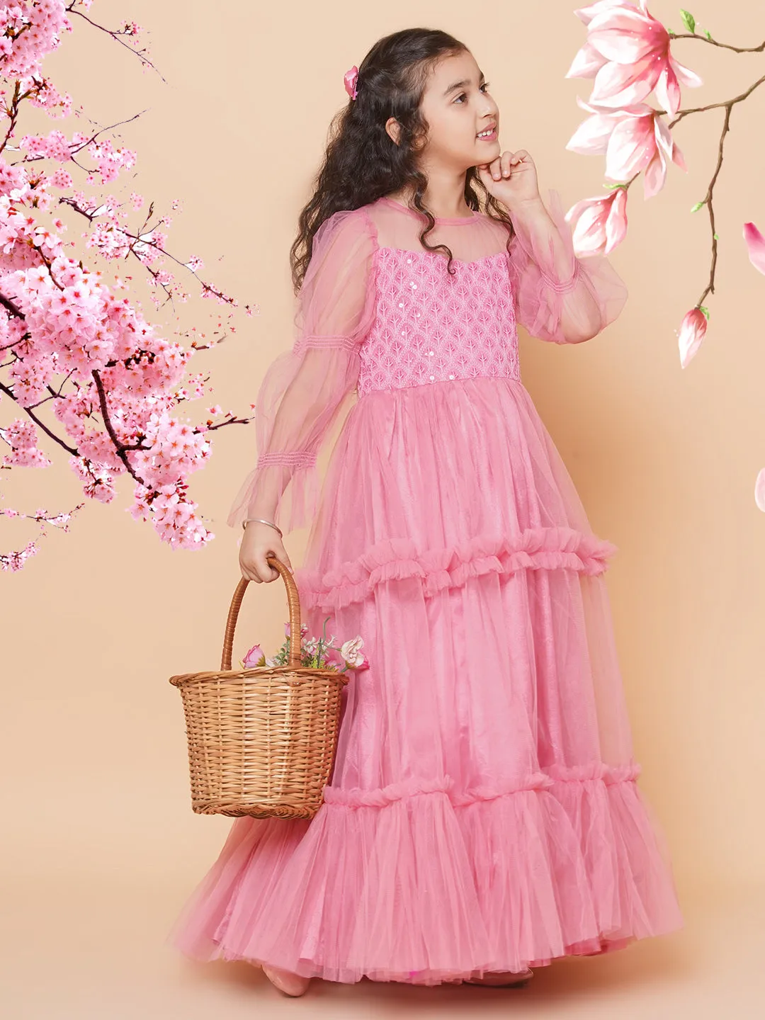 Jashvi Girls Pink Embroidered Net Fit & Flared Gown Dress