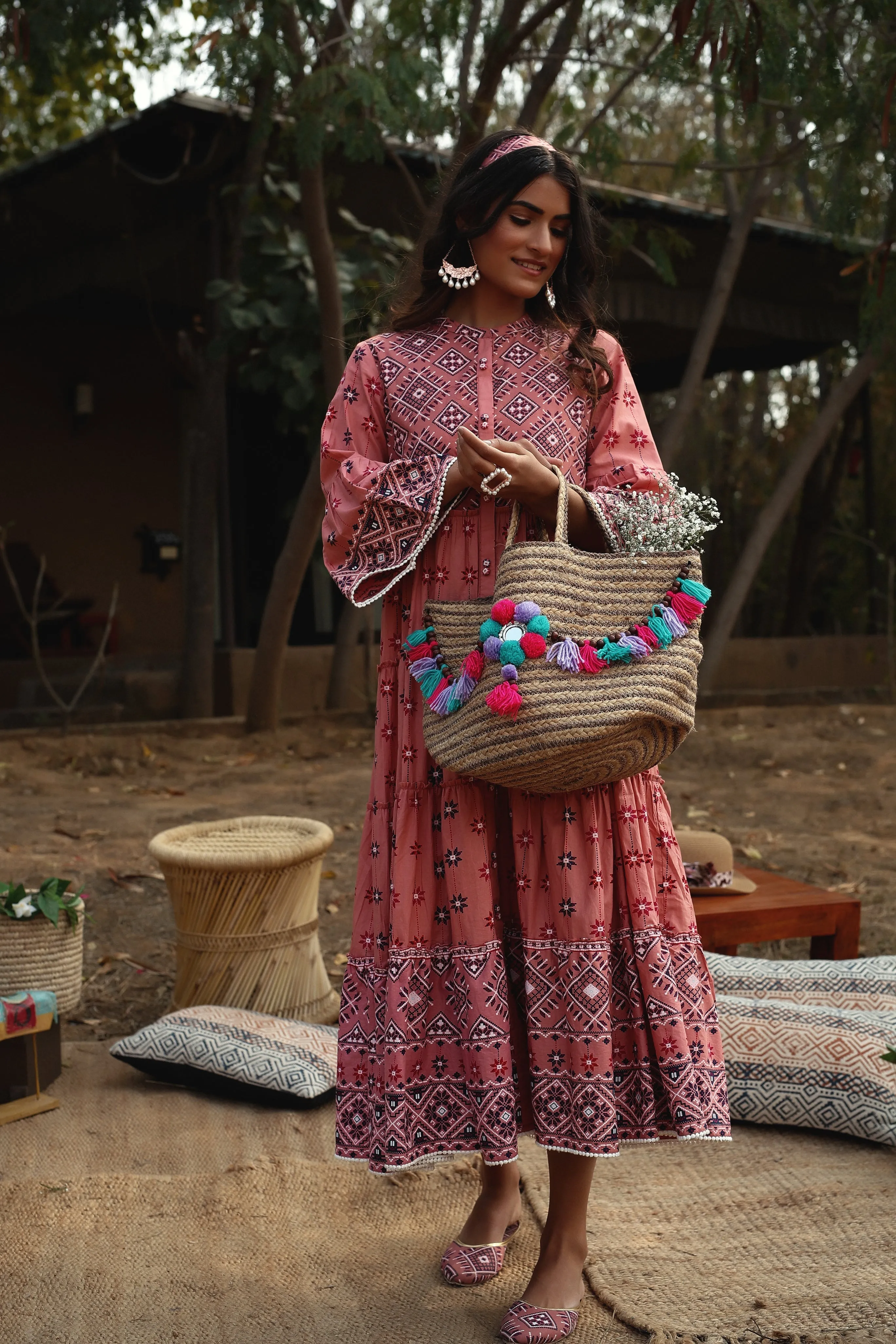 Jashvi Peach Geometric Printed Pure Cotton Tiered Maxi Dress.