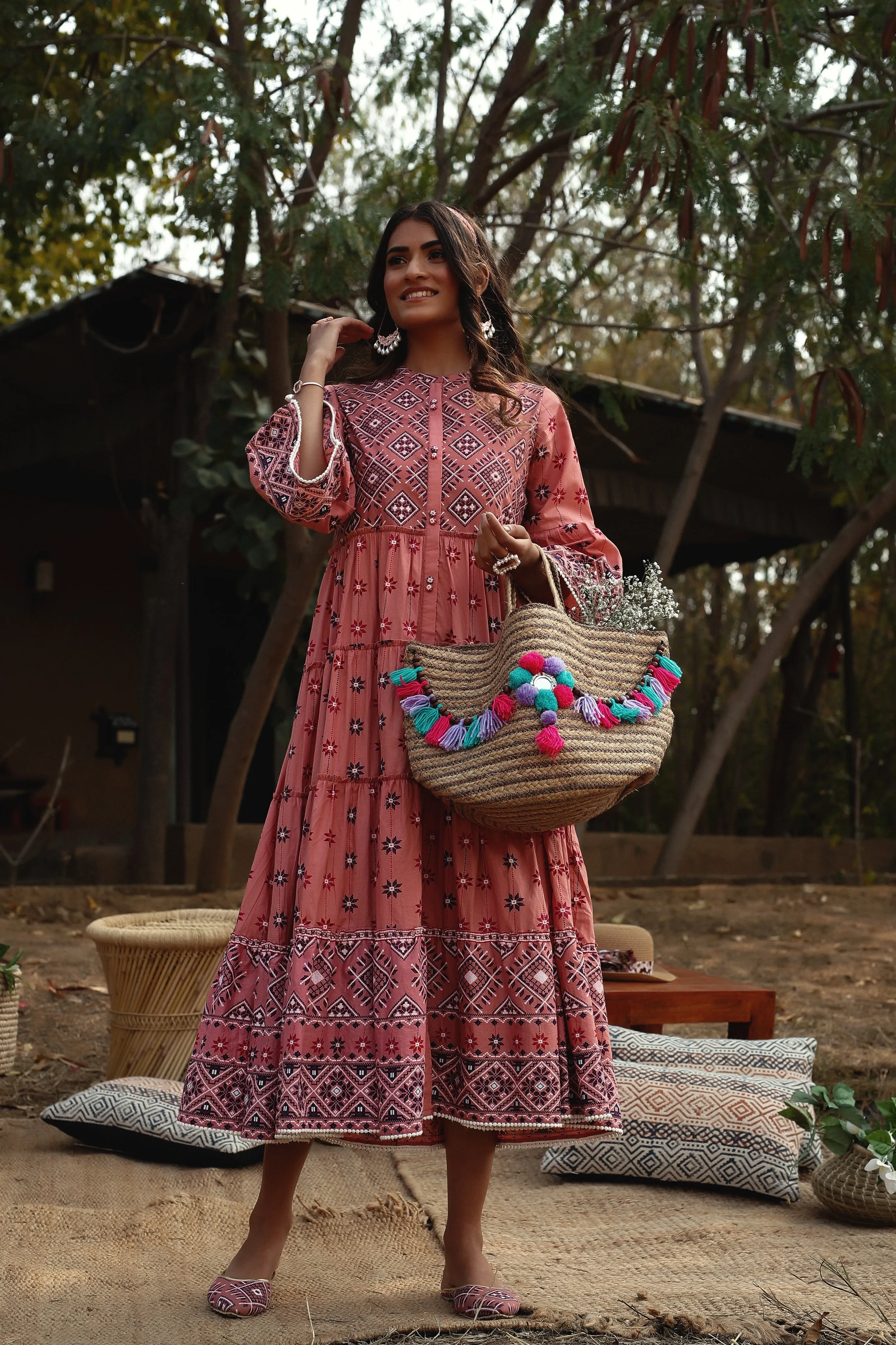 Jashvi Peach Geometric Printed Pure Cotton Tiered Maxi Dress.