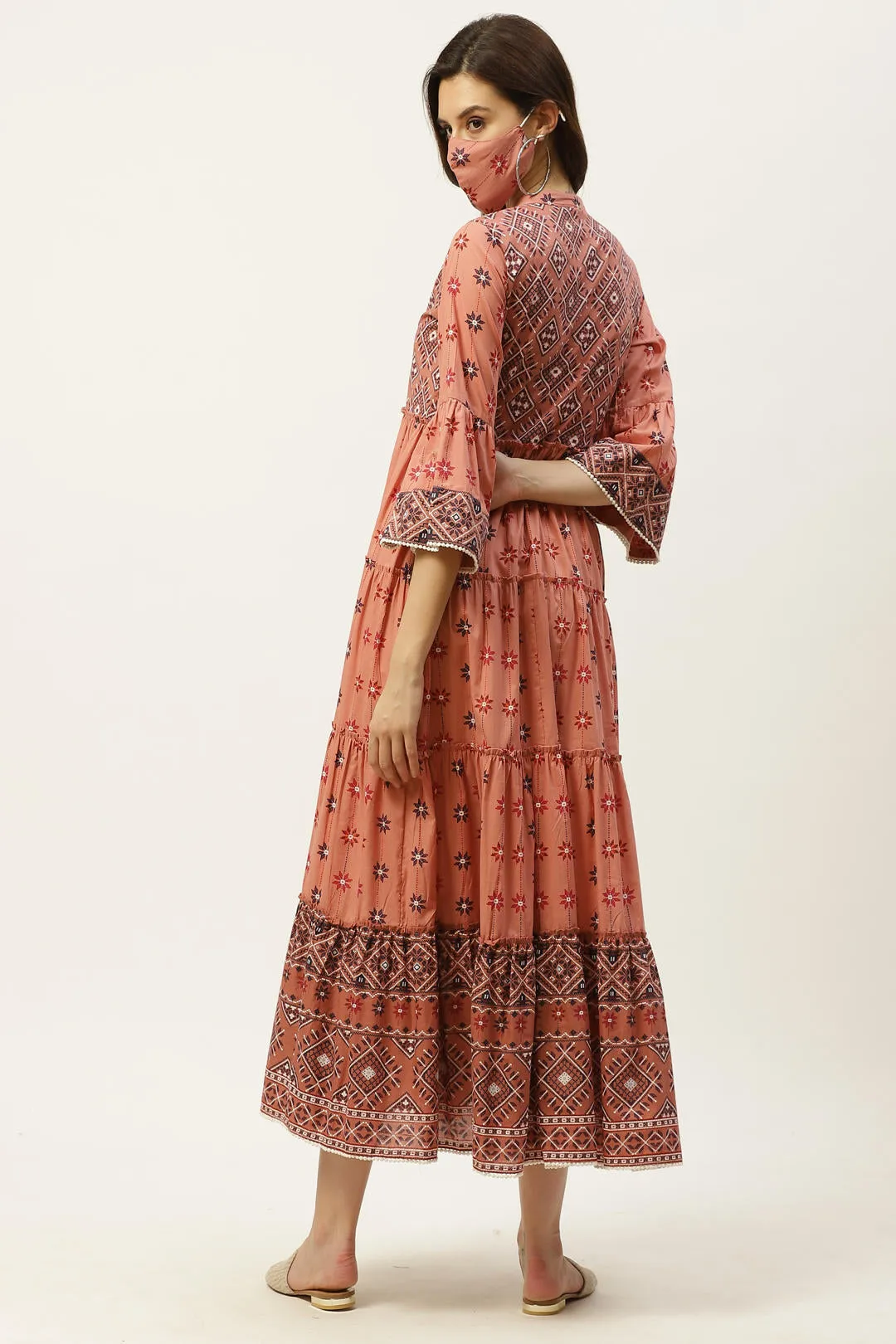 Jashvi Peach Geometric Printed Pure Cotton Tiered Maxi Dress.