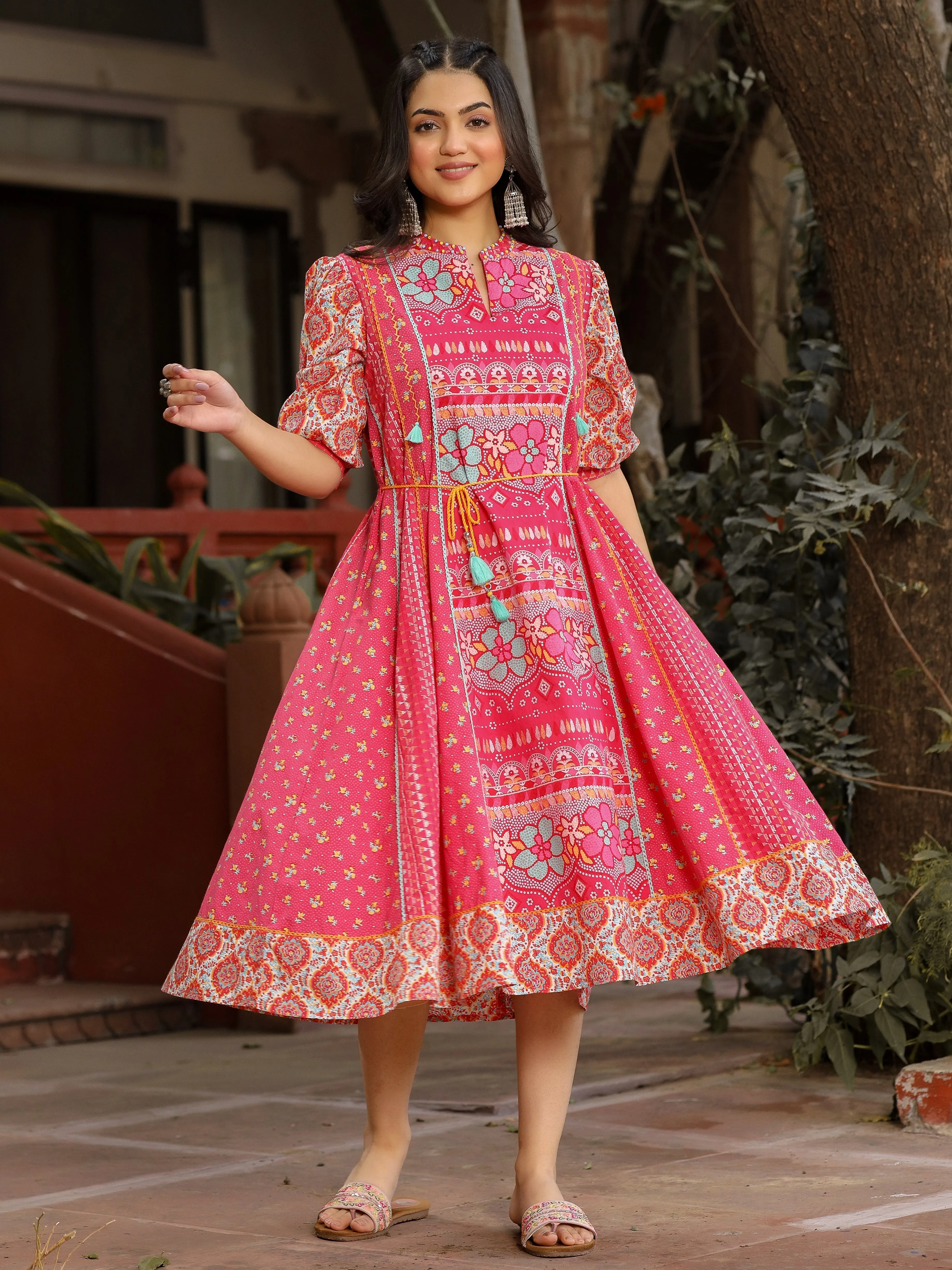 Jashvi Pink Floral Printed Pure Cotton Dress & Doris With Beads Work