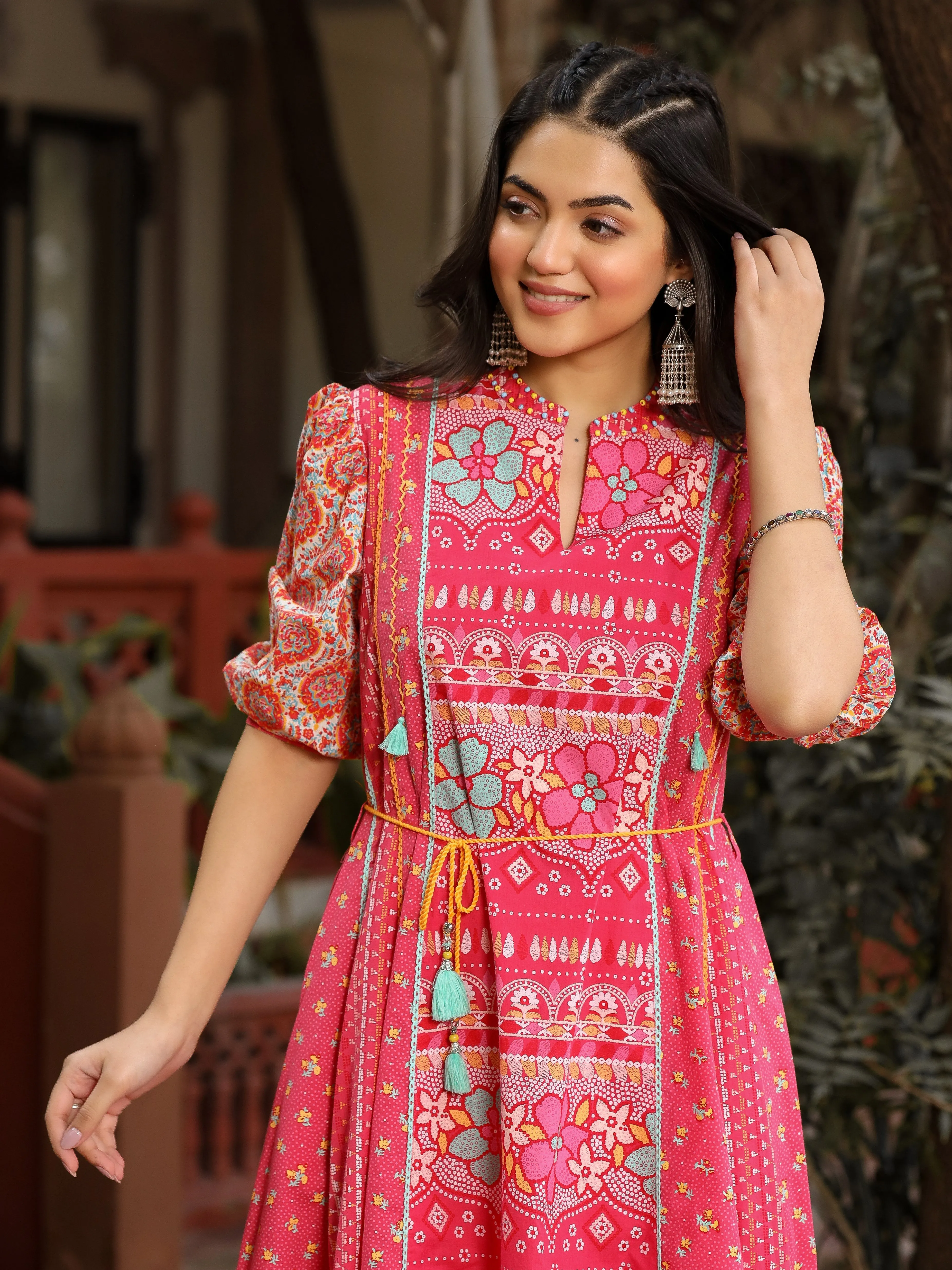 Jashvi Pink Floral Printed Pure Cotton Dress & Doris With Beads Work