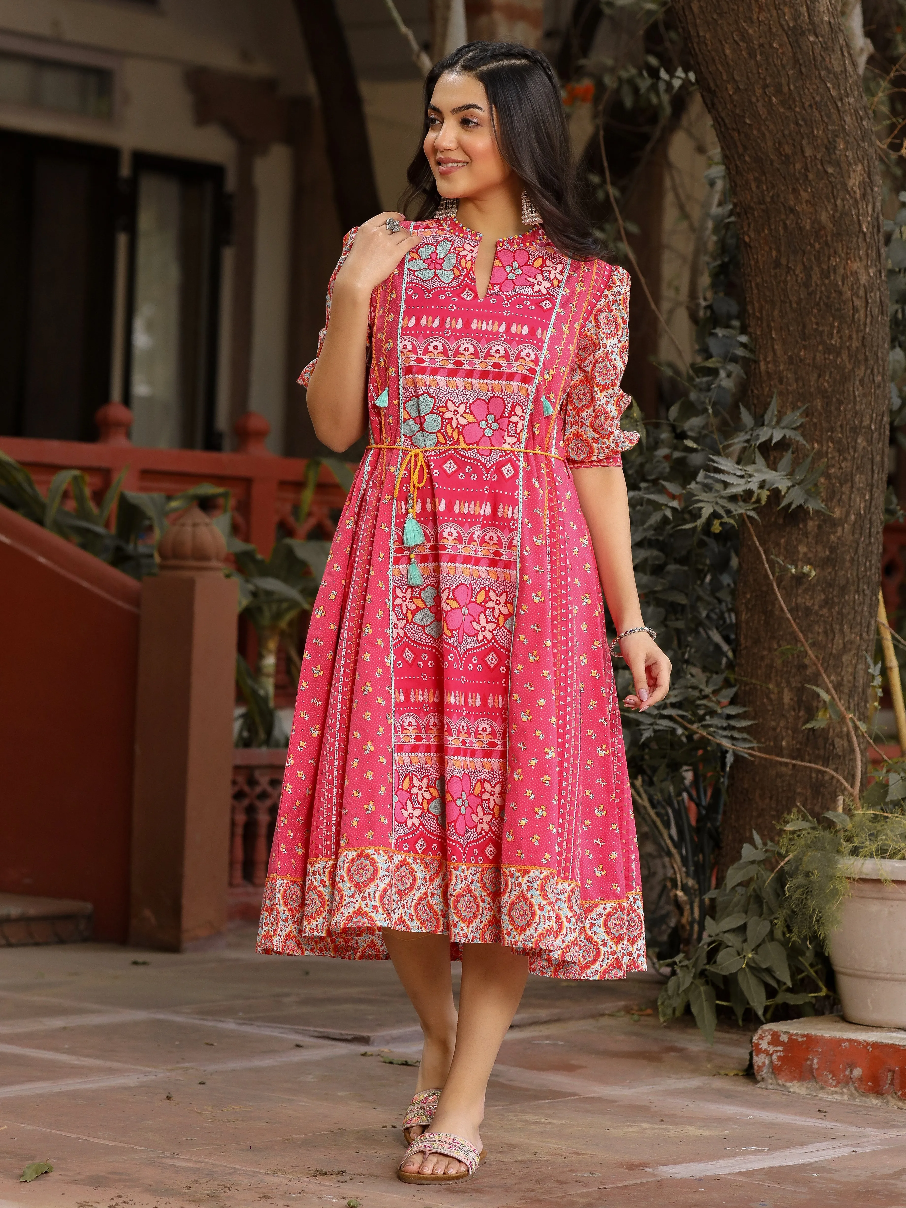 Jashvi Pink Floral Printed Pure Cotton Dress & Doris With Beads Work