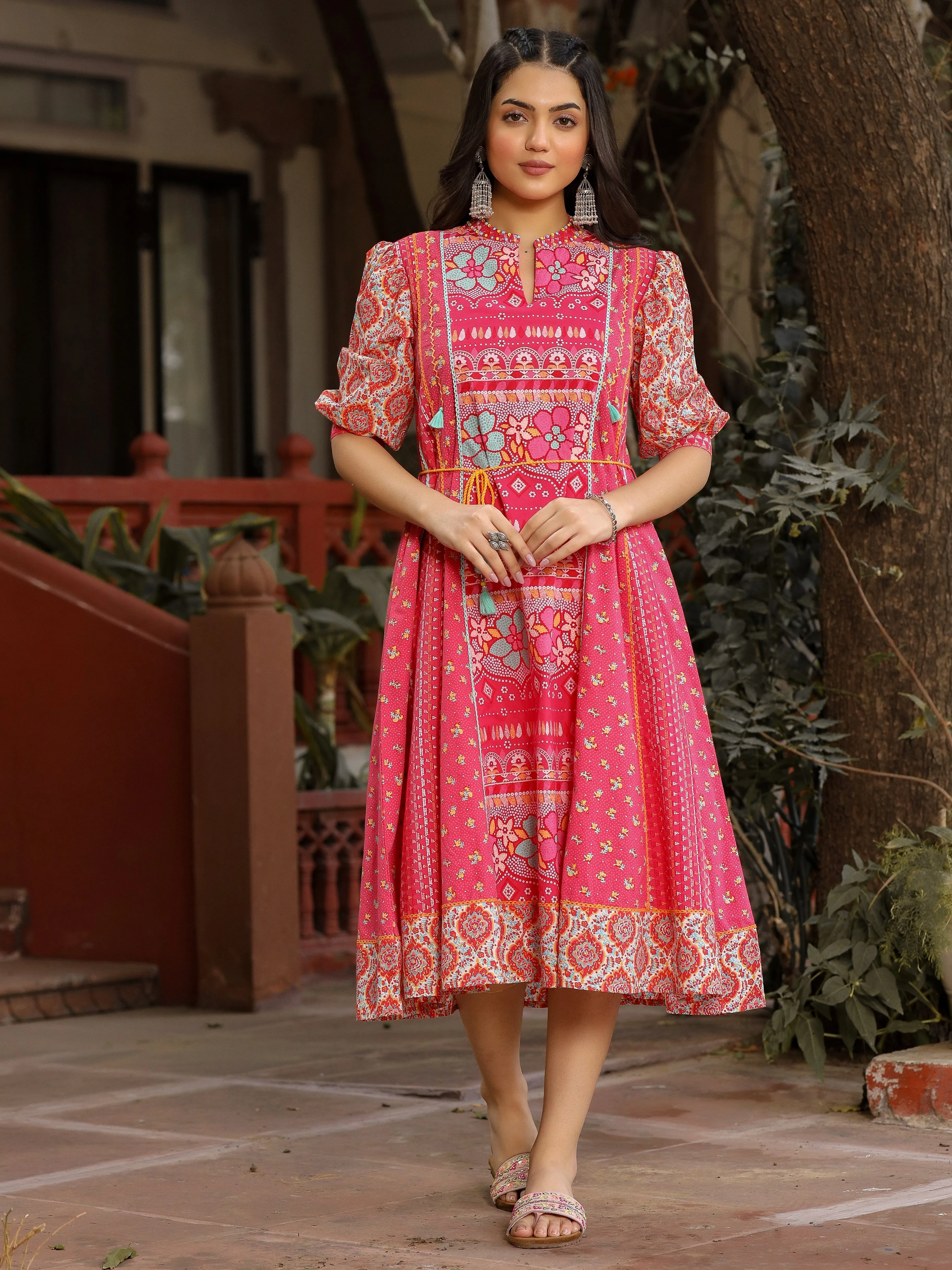 Jashvi Pink Floral Printed Pure Cotton Dress & Doris With Beads Work