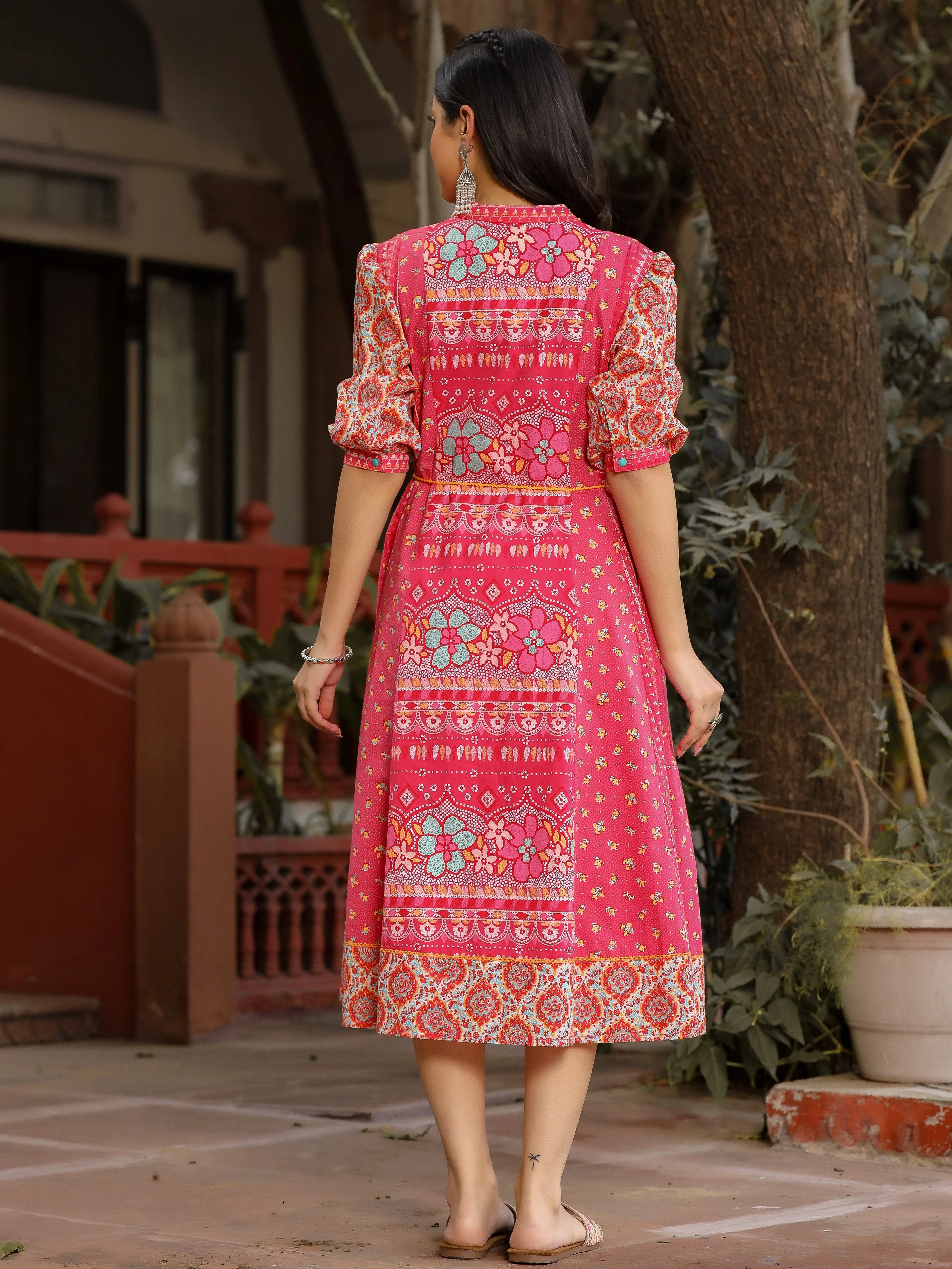 Jashvi Pink Floral Printed Pure Cotton Dress & Doris With Beads Work