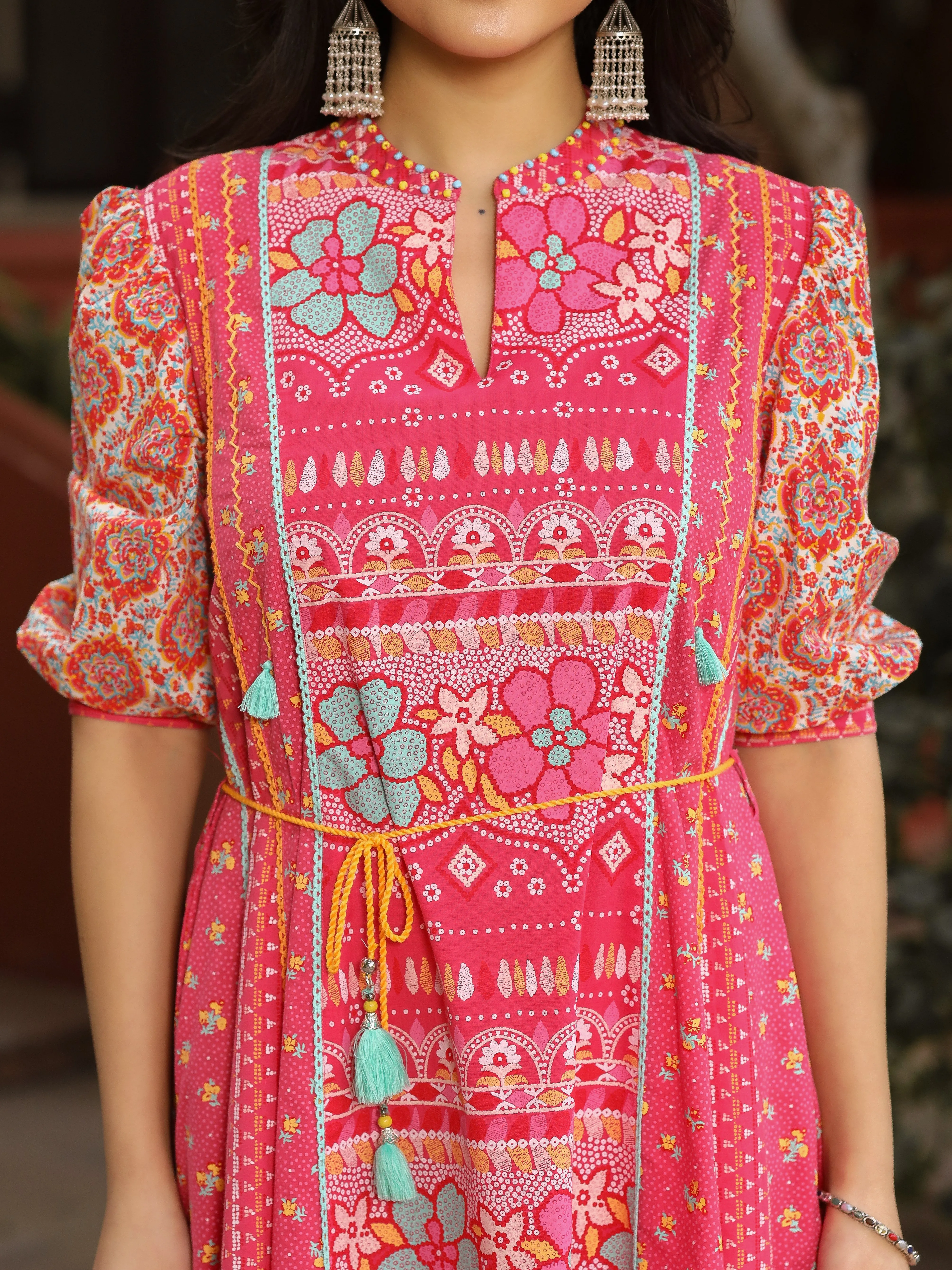 Jashvi Pink Floral Printed Pure Cotton Dress & Doris With Beads Work