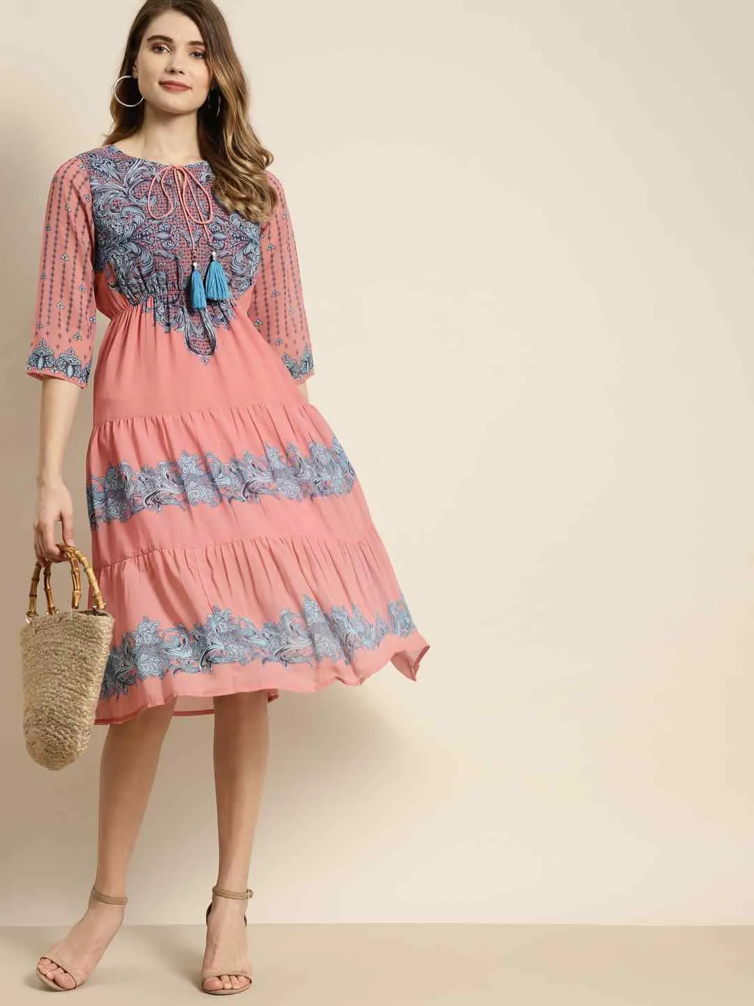 Jashvi Pink Georgette Printed Tiered Dress