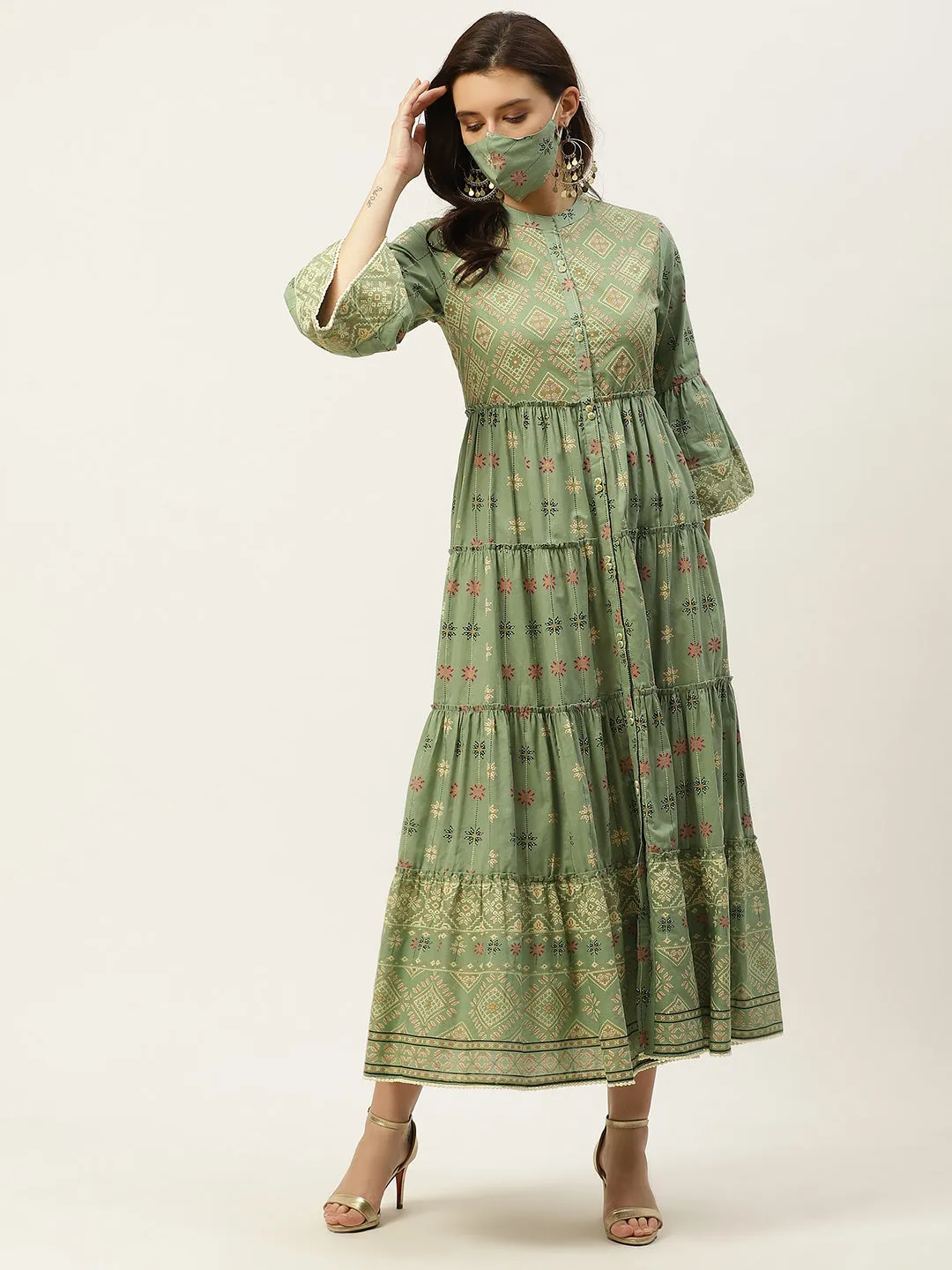 Jashvi Pista Green Geometric Printed Pure Cotton Tiered Maxi Dress.