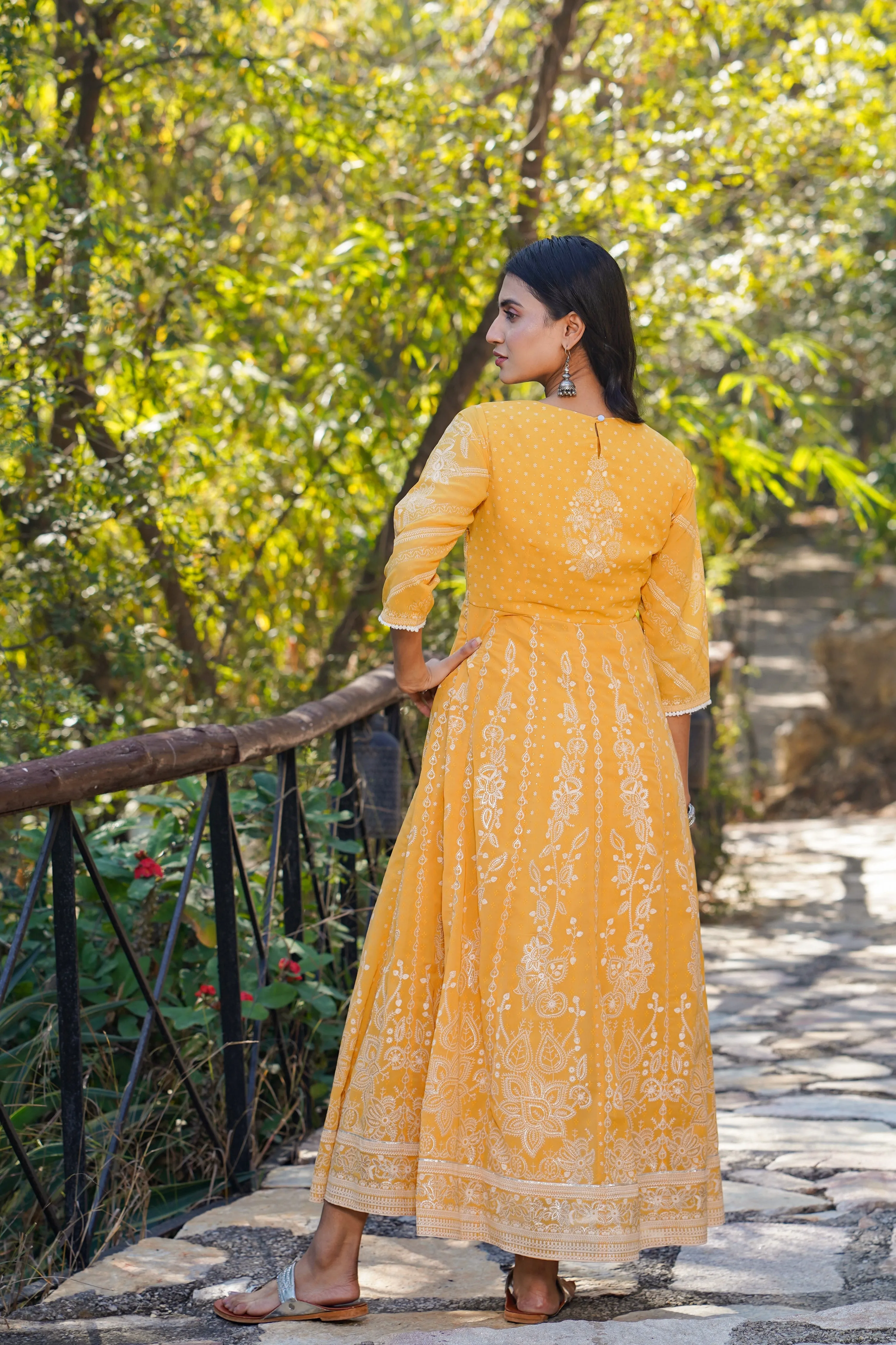 Jashvi Yellow Floral Printed Georgette Maxi Dress With Beads Kantha Work & Sequins At Neckline