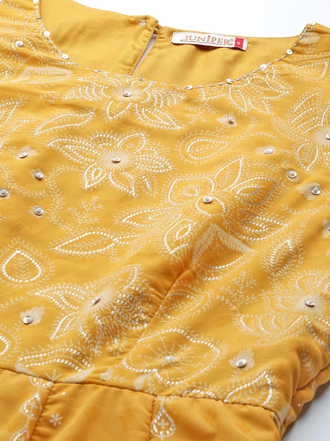 Jashvi Yellow Floral Printed Georgette Maxi Dress With Beads Kantha Work & Sequins At Neckline