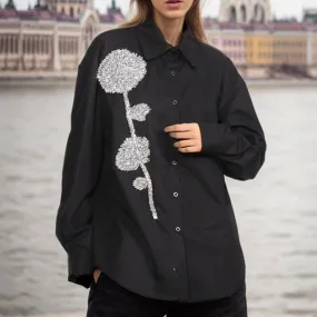 Jewell Rhinestone Flower Stand Collar Long Shirt