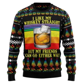 LGBT Whiskey Straight Ugly Christmas Sweater, Pride Love Is Love Rainbow Ugly Sweater